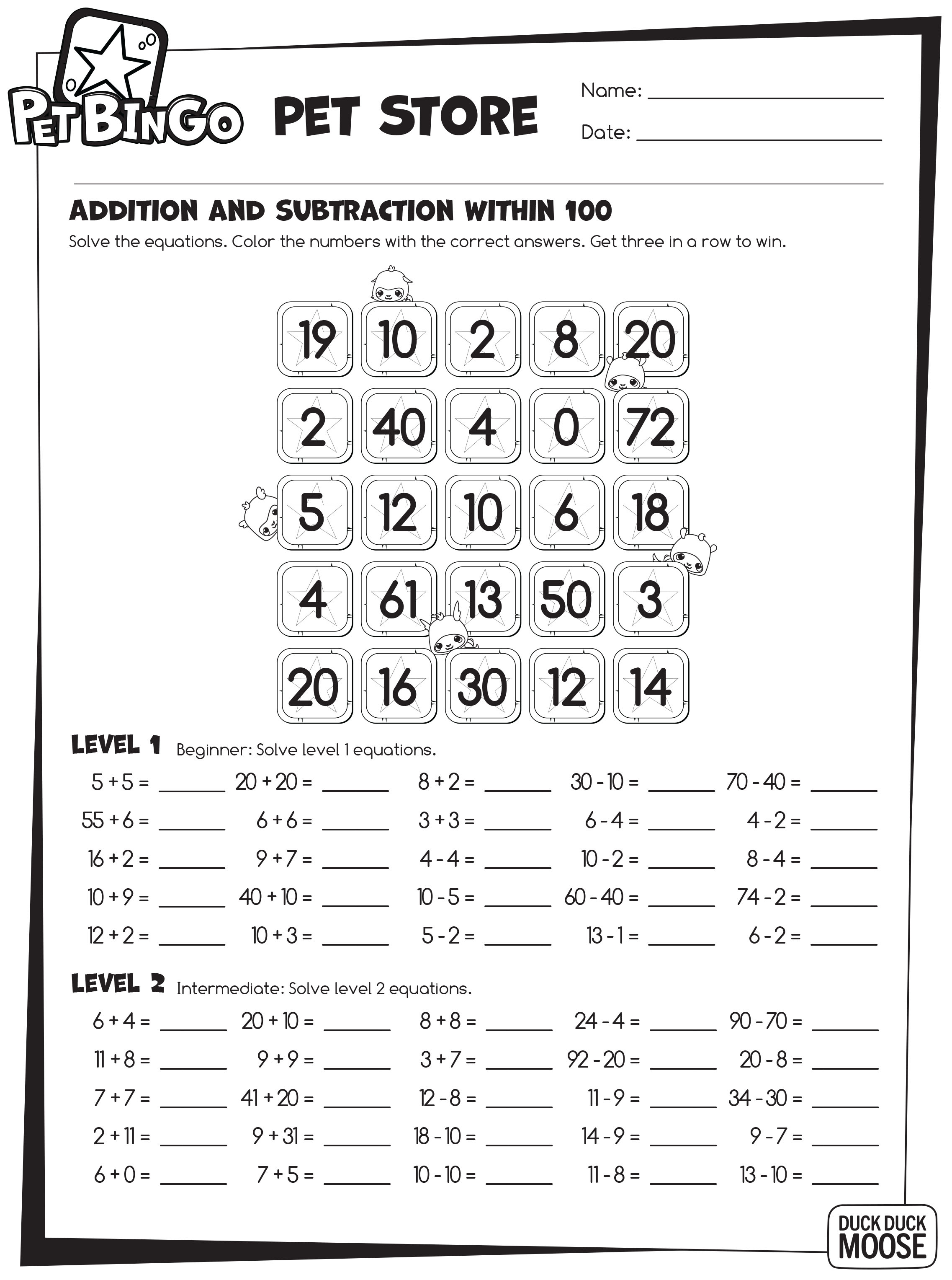Keep On Learning! Pet Bingo Free Printable Worksheets. | Duck Duck Moose - Free Printable Division Worksheets
