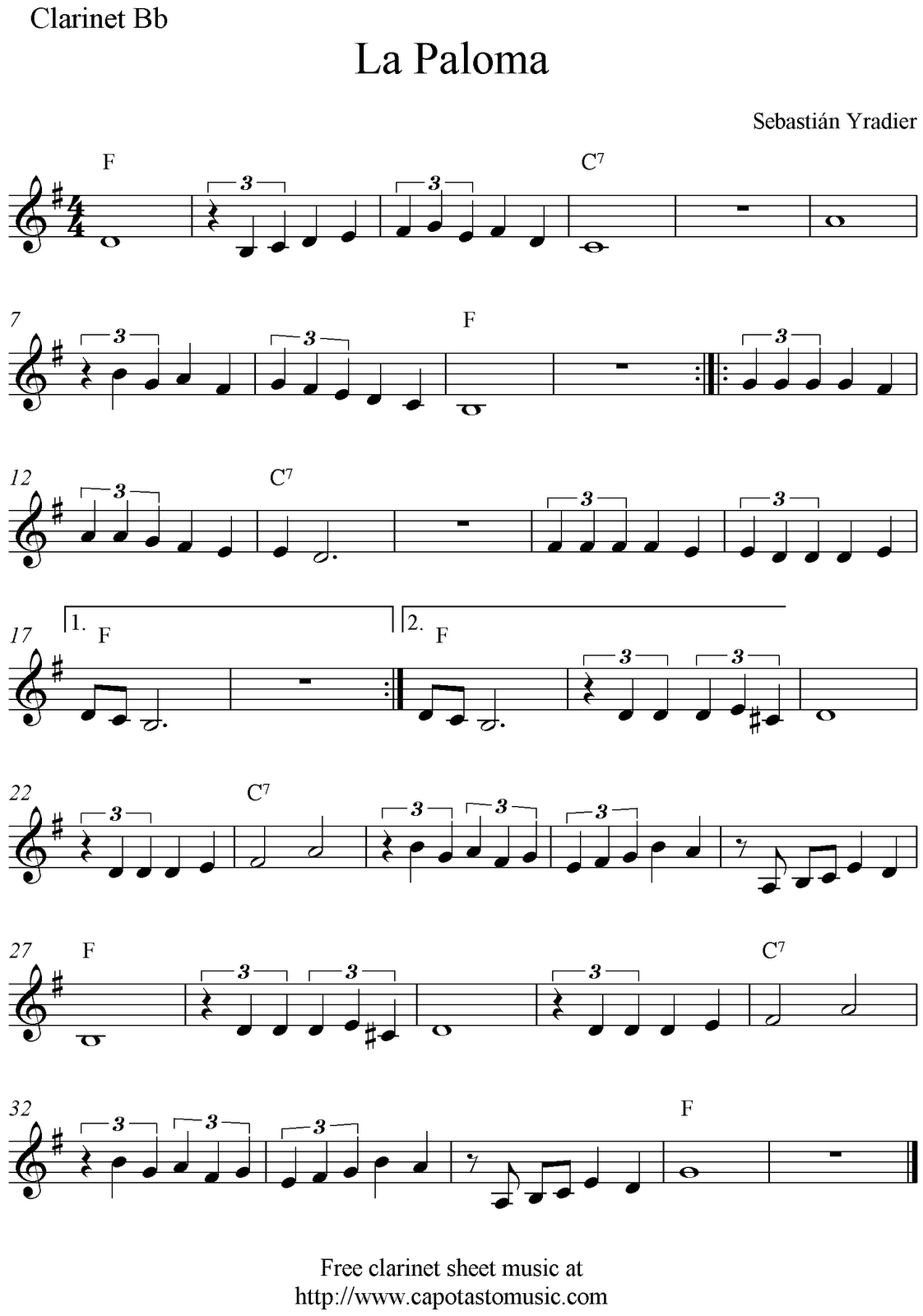 La Paloma, Free Clarinet Sheet Music Notes - Free Printable Clarinet Music