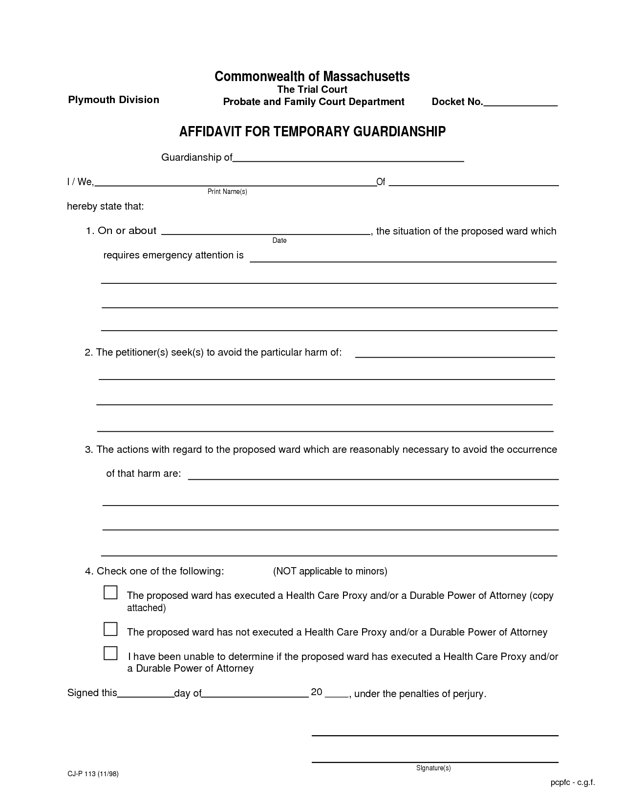 Legal Guardianship Printable Temporary Guardianship Form 5098