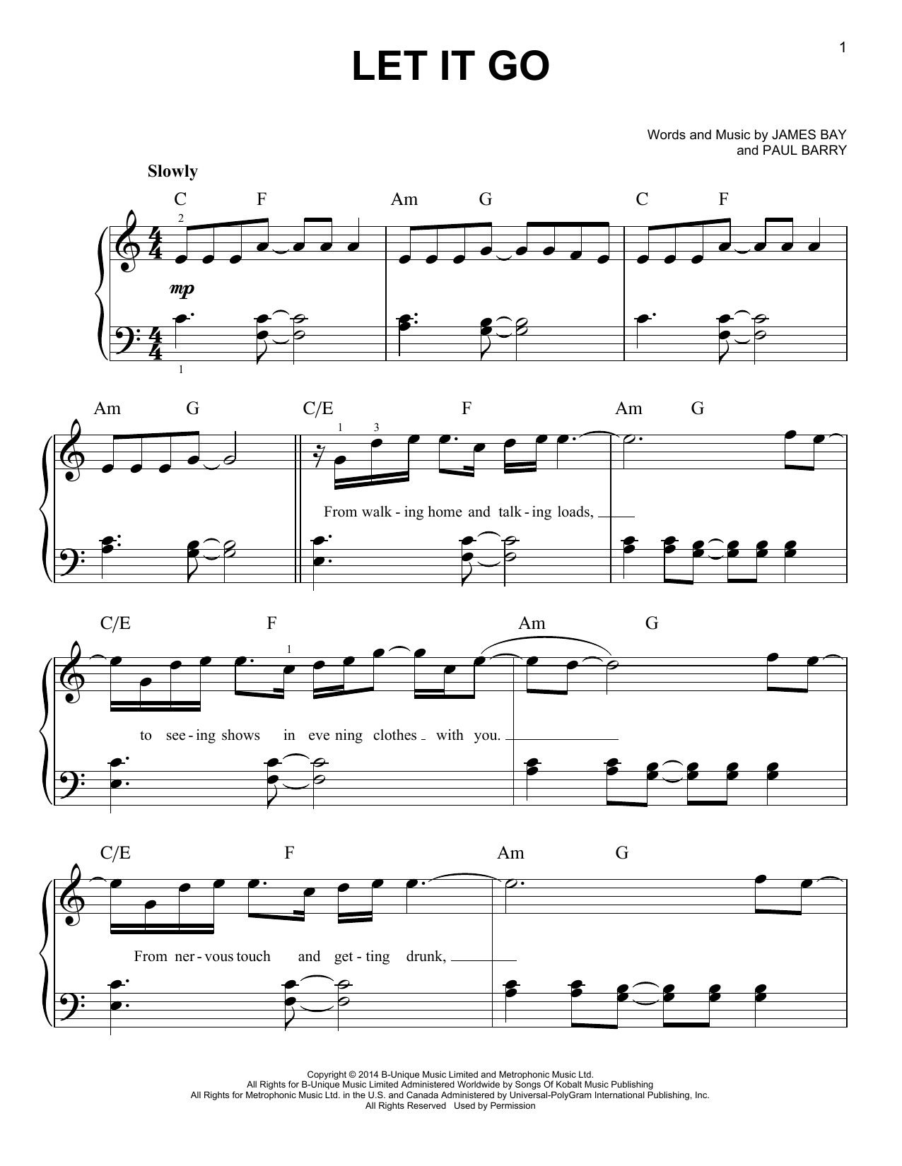 Let It Go Piano Sheet Musicjames Bay - Easy Piano - Frozen Piano Sheet Music Free Printable