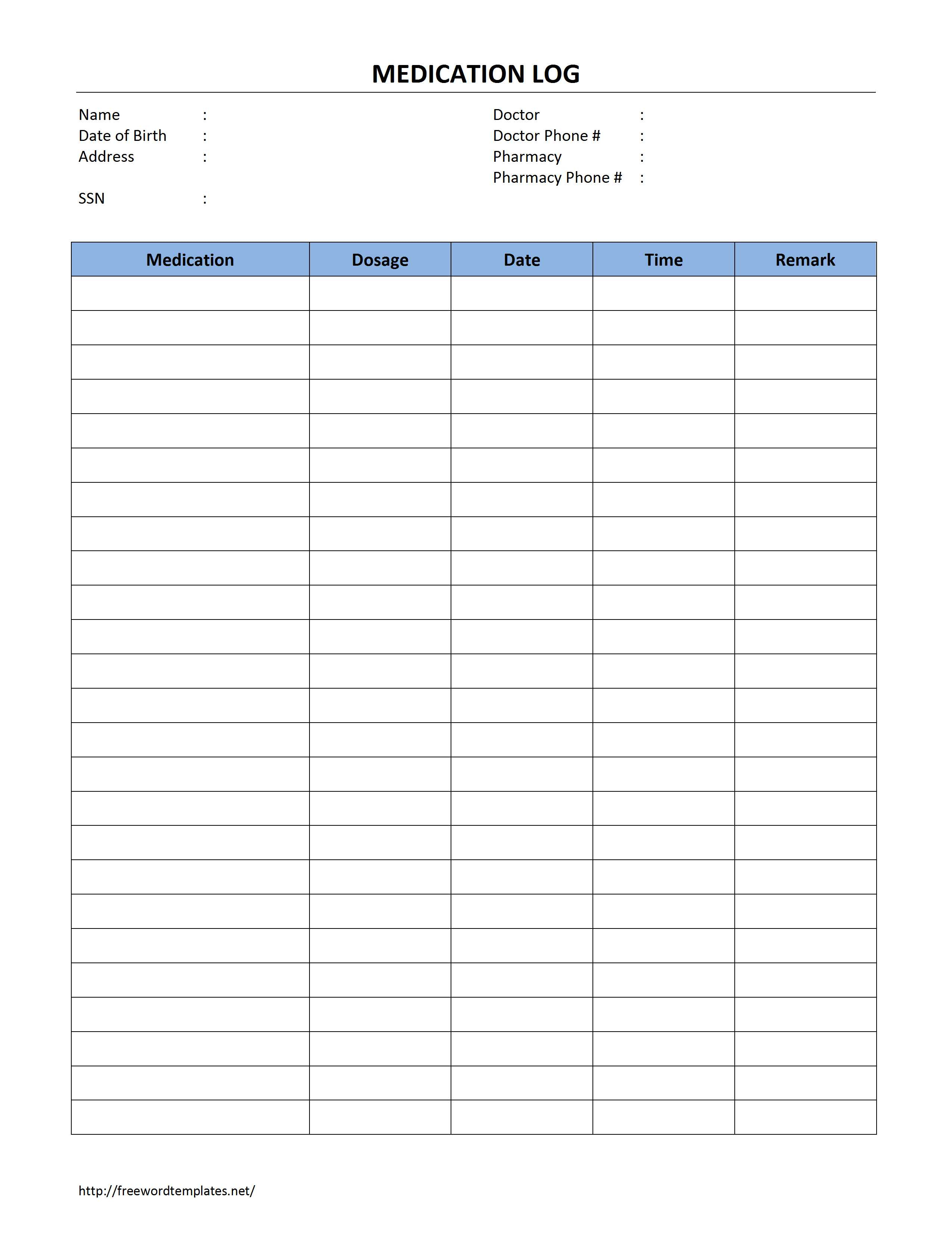 Medication Log - Free Printable Medication Log Sheet