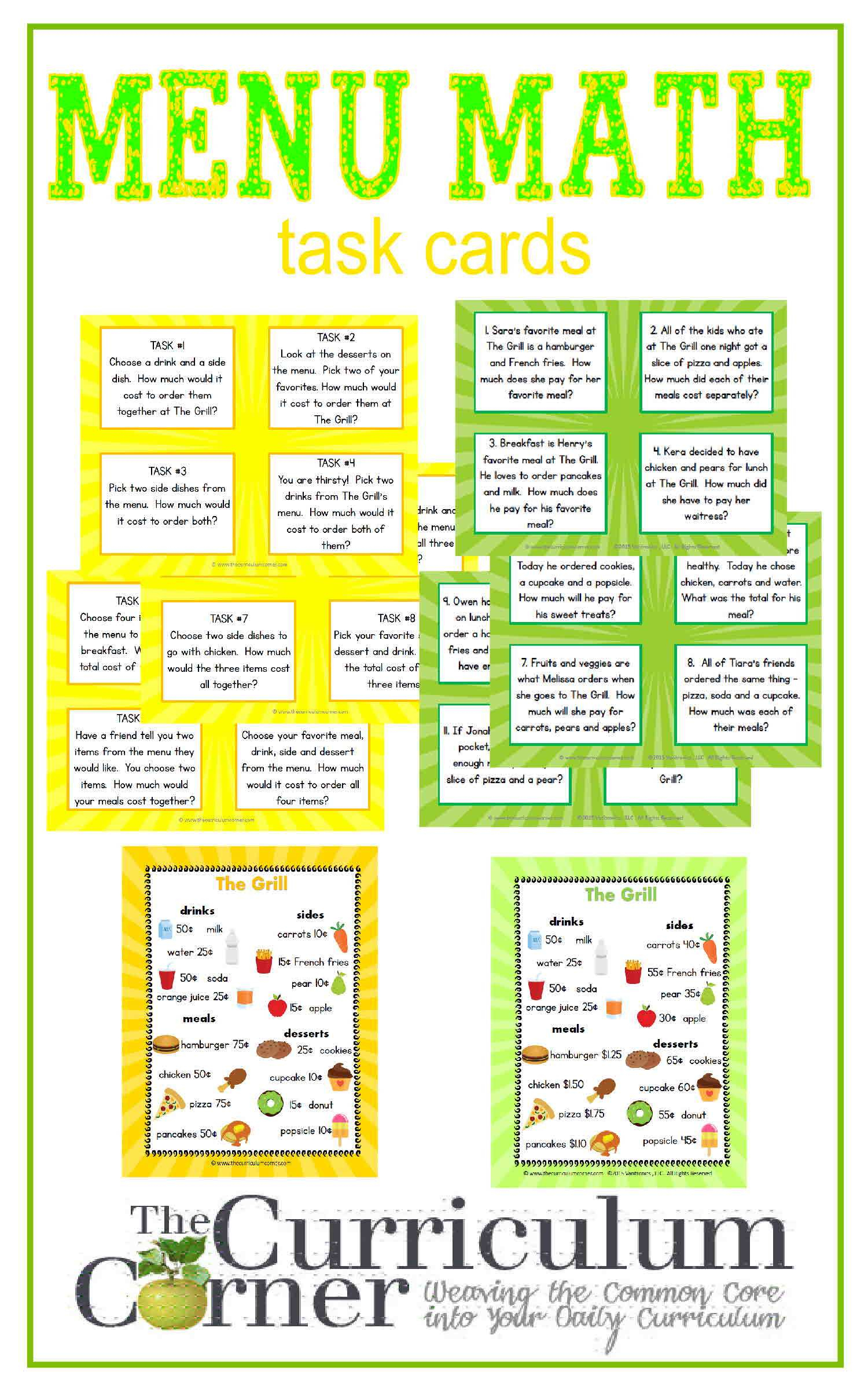 Menu Math Center - The Curriculum Corner 123 - Free Printable Menu Math Worksheets