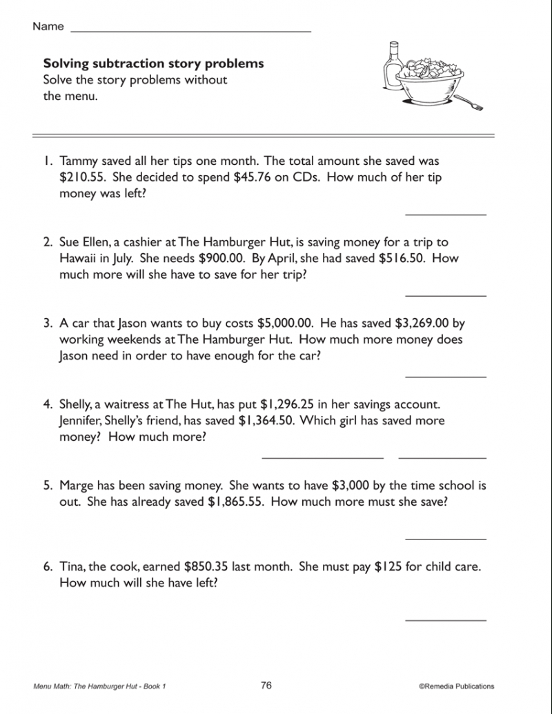 Menu Math: The Hamburger Hut (+, -) - Free Printable Menu Math Worksheets