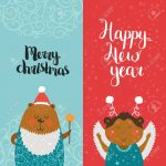 Merry Christmas And Happy New Year Cards With Cute Animals, Bear   Free Printable Happy New Year Cards