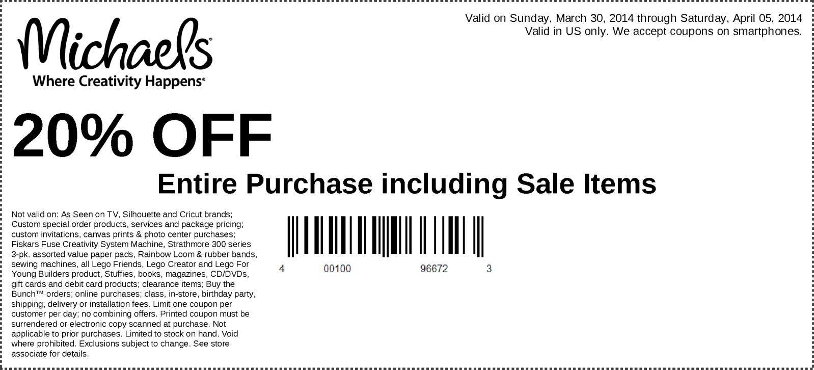 Free Printable Michaels Coupons   Michaels 20 Off Your Entire In Store Purchase Exp 04 05 14 Free Printable Michaels Coupons 