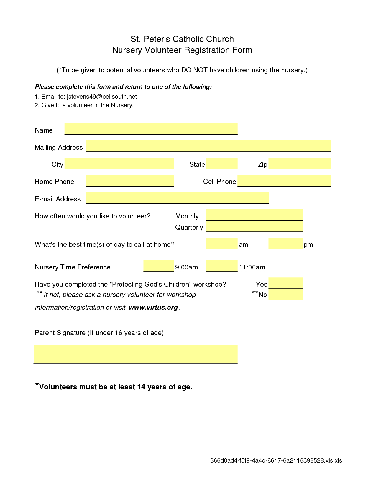 Microsoft Excel: Nursery Volunteer Registration Form | Worship Care - Free Printable Volunteer Forms