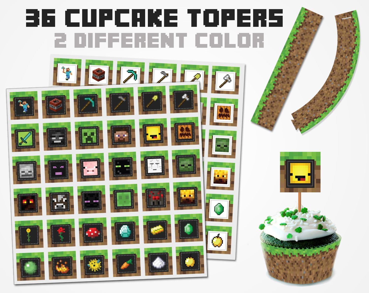 Minecraft Cupcake Topper 2 Color Variations, Minecraft Topper - Free Printable Minecraft Cupcake Toppers And Wrappers