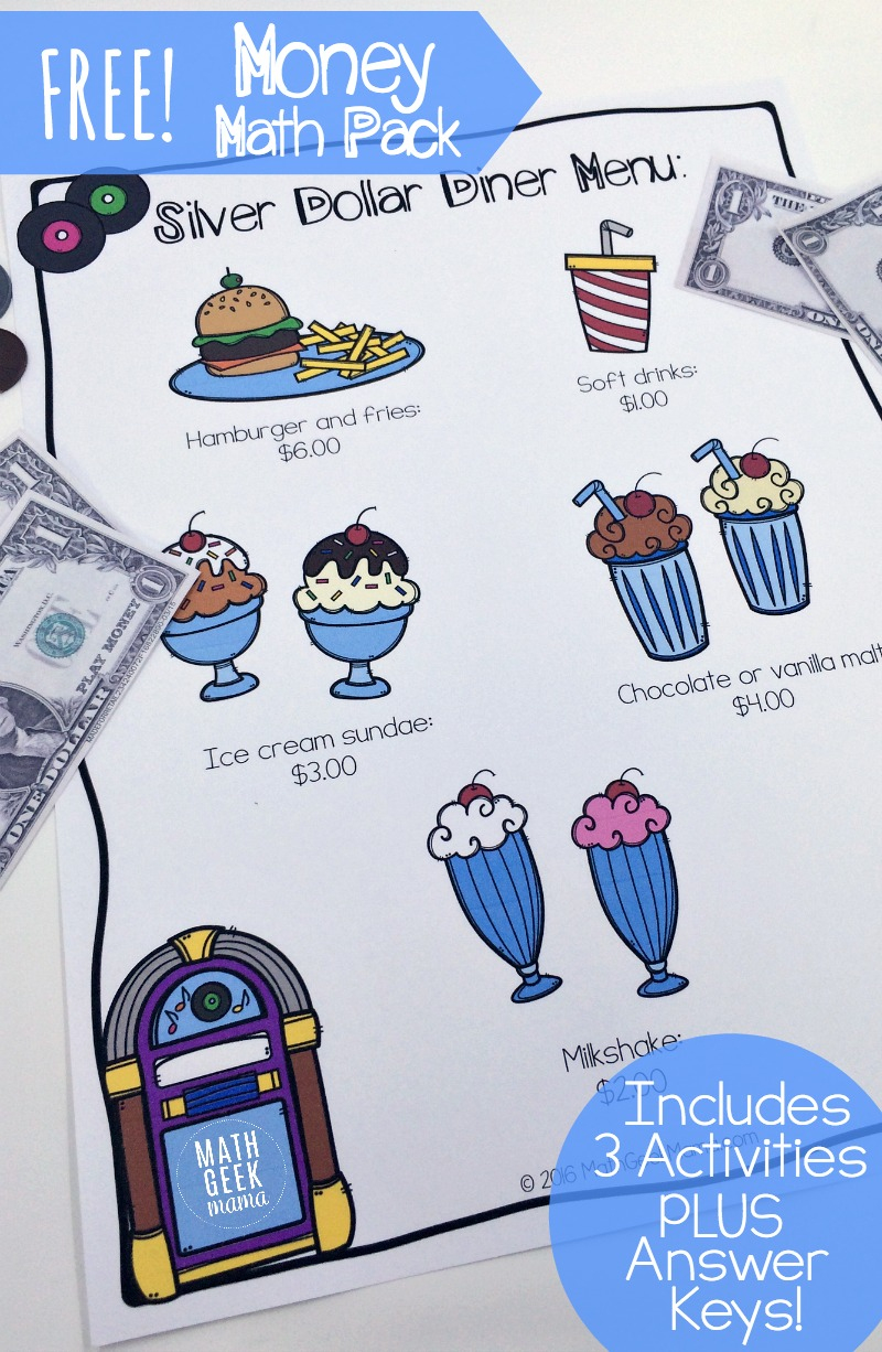 Money Math Practice Worksheets (Diner Theme) - Free Printable Menu Math Worksheets