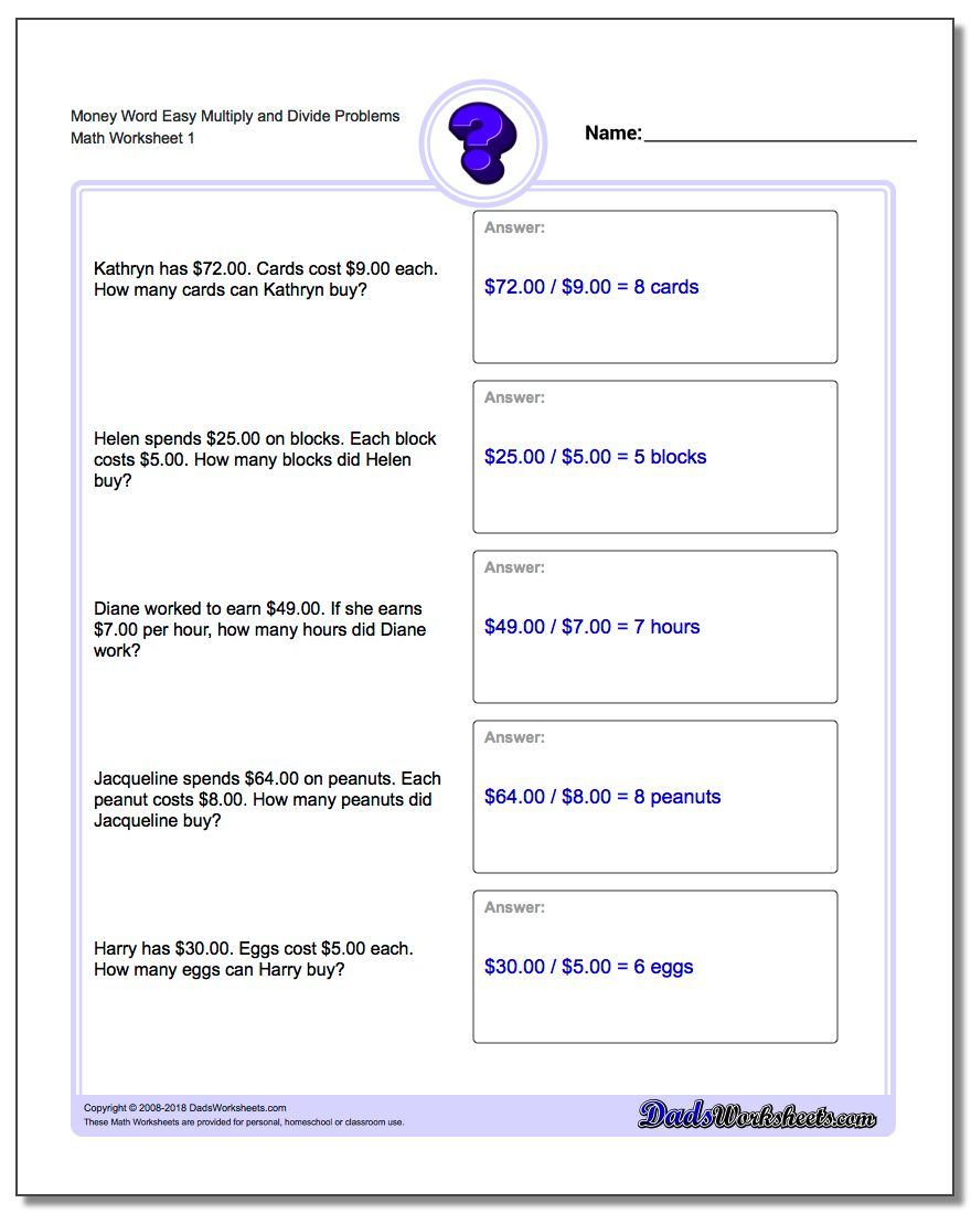 Money Word Problems - Free Printable Money Word Problems Worksheets