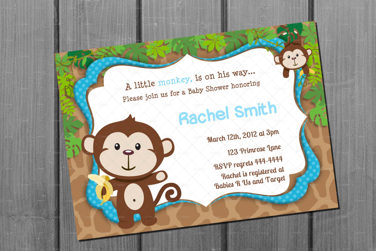 Monkey Blue Boy Baby Shower Invitation Free Thank You Card Printable - Free Printable Jungle Safari Baby Shower Invitations