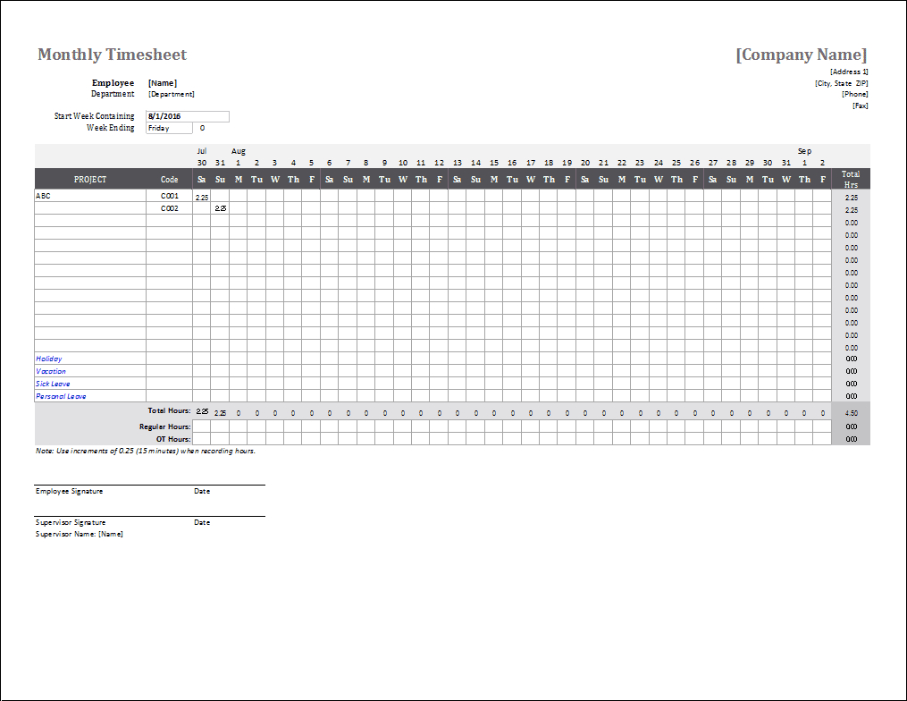 Monthly Timesheet Template For Excel - Free Printable Blank Time Sheets