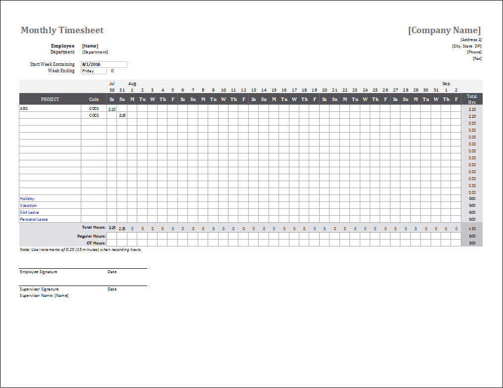 Monthly Timesheet Template For Excel Free Printable Weekly Time