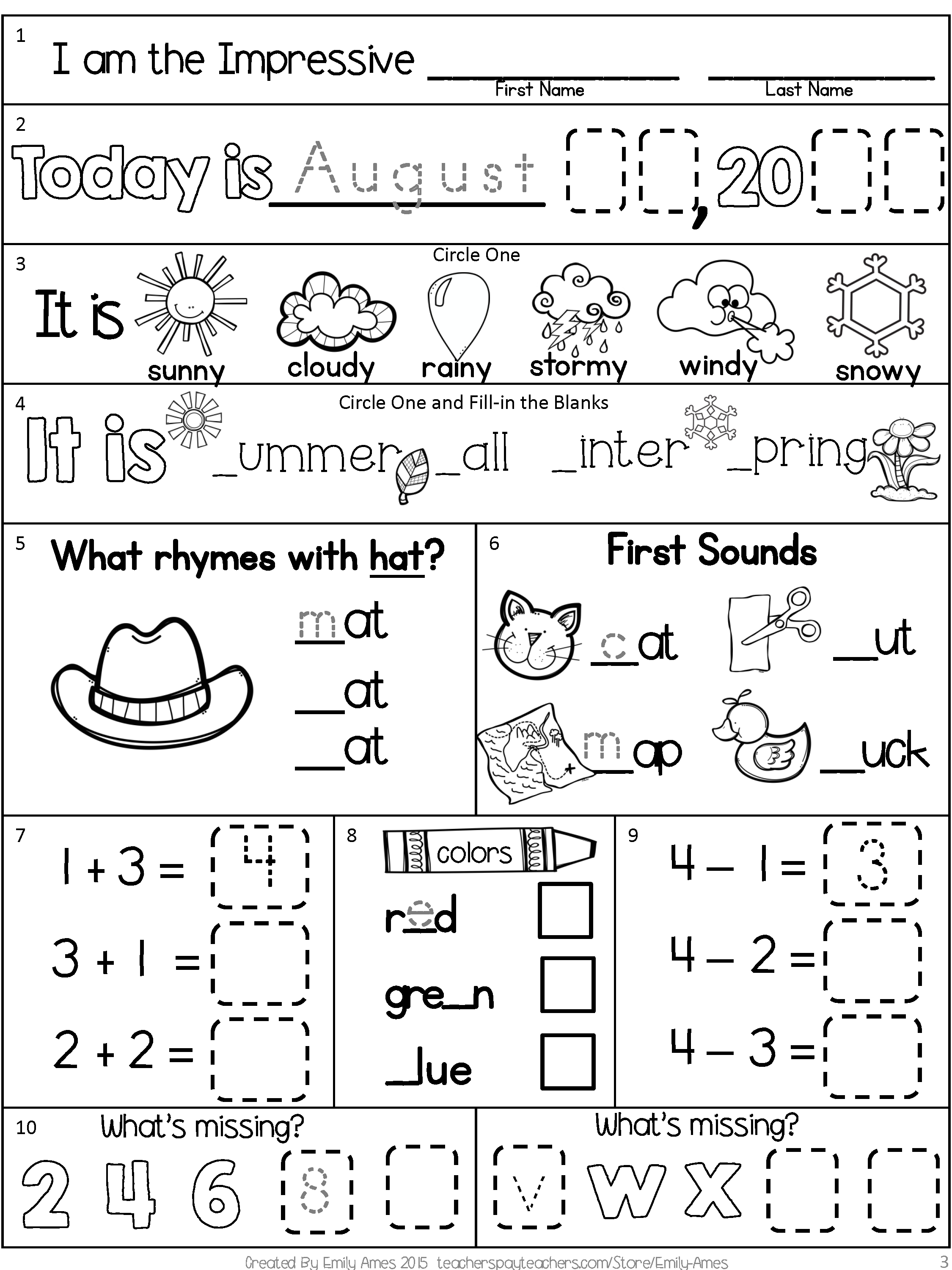 Morning Work Freebie: First Grade August Packet (Back To School - Free Printable 4Th Grade Morning Work
