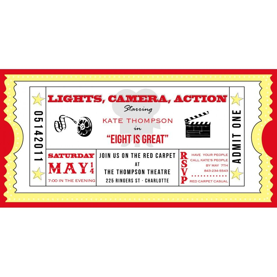 Movie Ticket Cinema Drive-In Birthday Party Printable Invitation - Free Printable Movie Themed Invitations