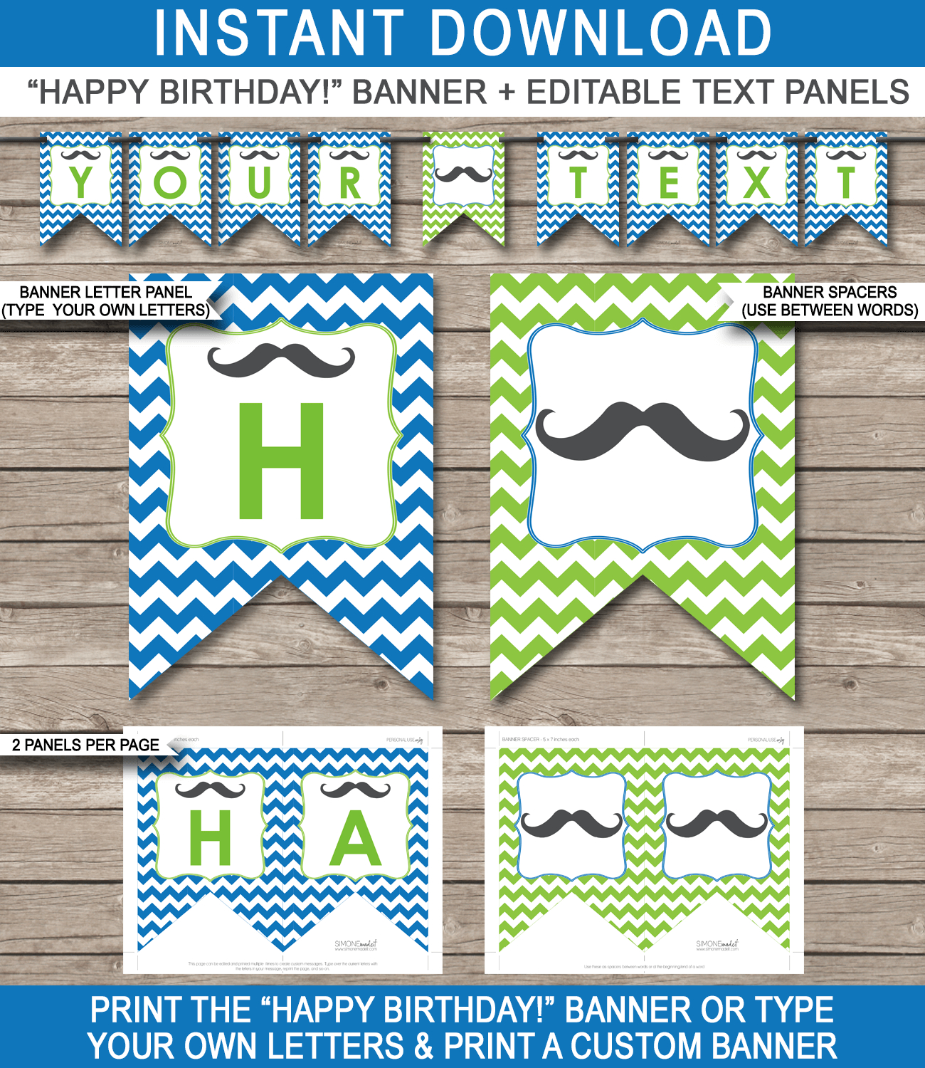 Mustache Party Banner Template | Birthday Banner | Editable Bunting - Birthday Banner Templates Free Printable
