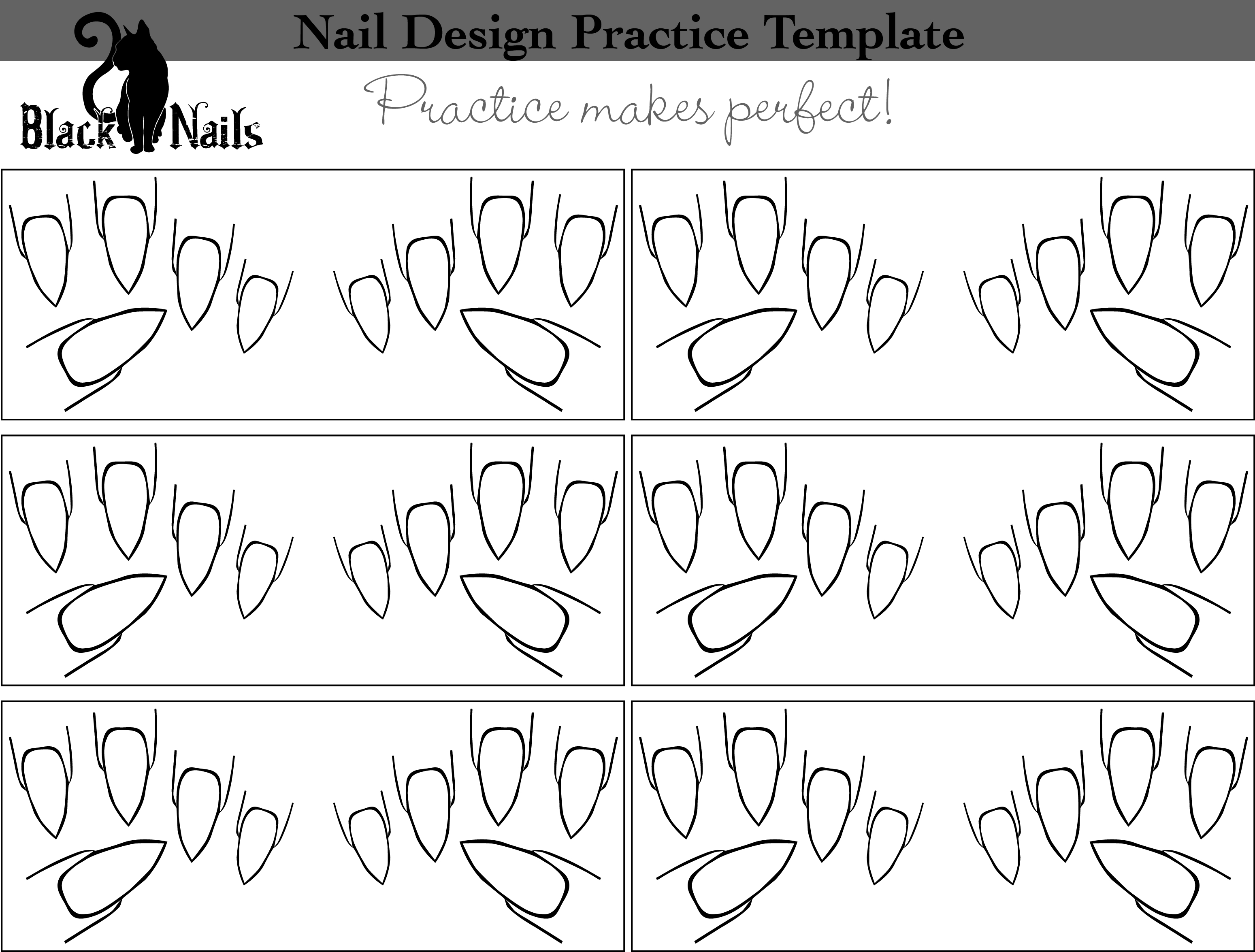 Nail Art Design Practice Templates Or Sheets - All Versions | Black - Free Printable Nail Art Designs