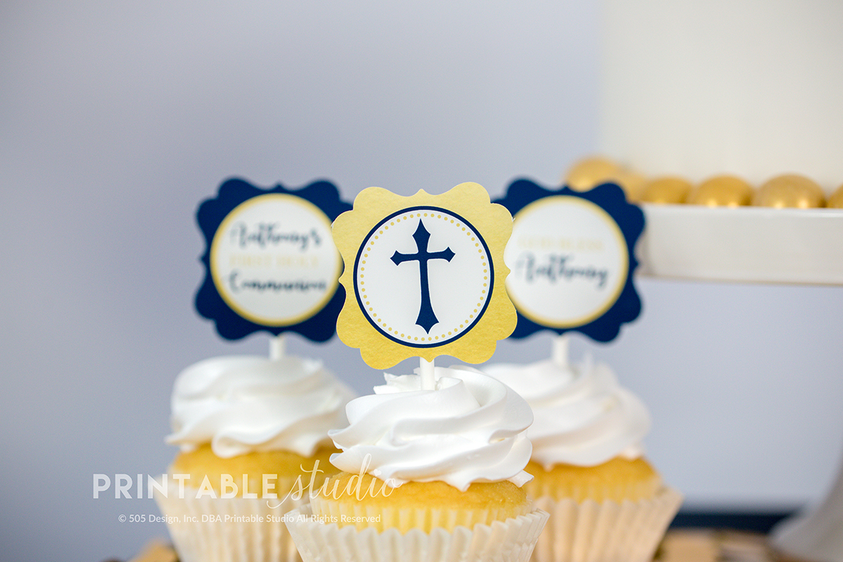 Navy And Gold First Communion Cupcake Toppers - Printable Studio - Free Printable First Communion Cupcake Toppers