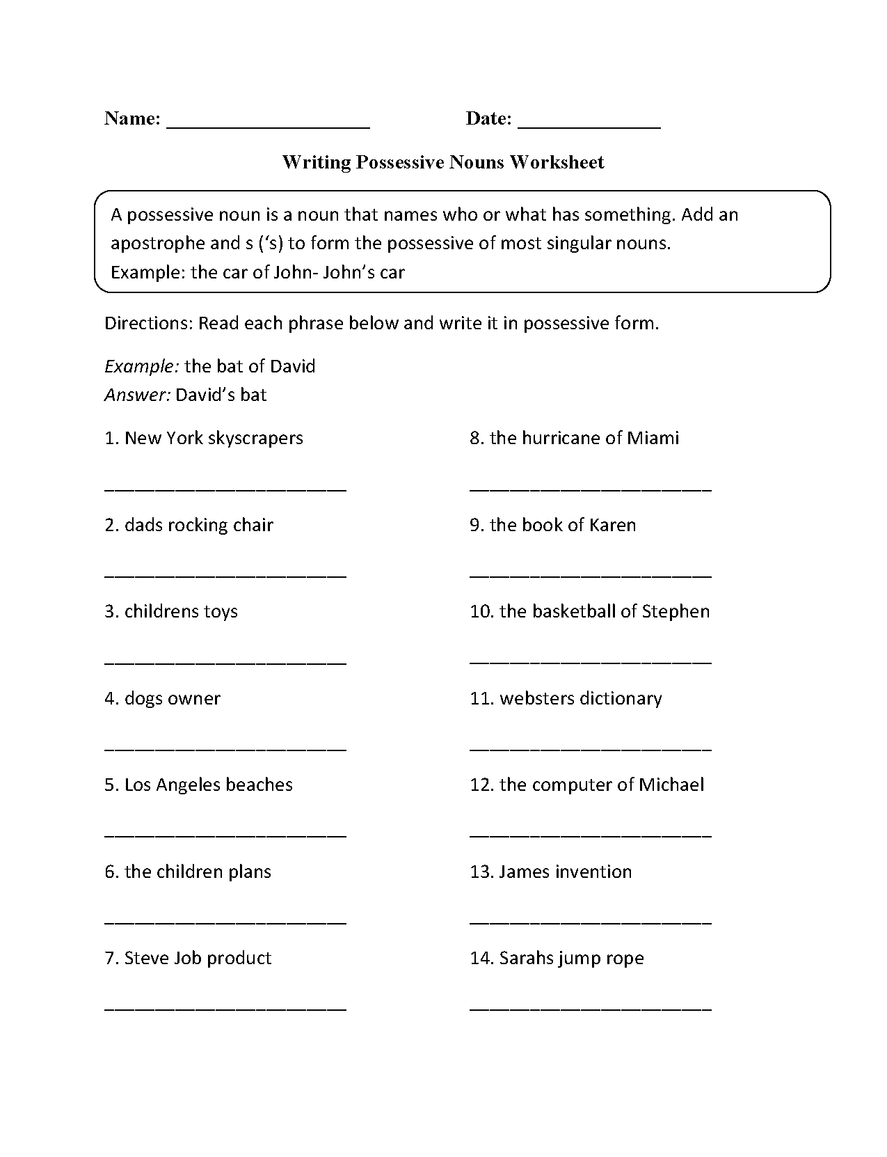 Worksheet On Possessive Nouns Grade 4