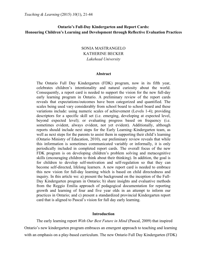 Pdf) Ontario&amp;#039;s Full-Day Kindergarten And Report Cards: Honouring - Free Printable Report Card Comments