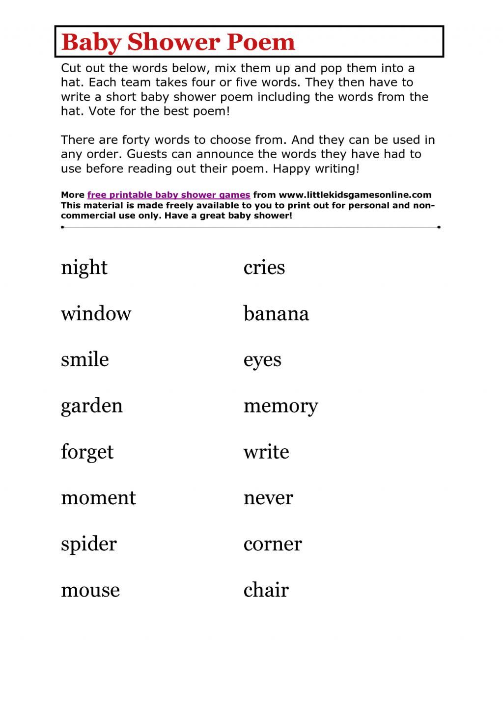 Photo : Baby Shower Poem Printable Image - Free Baby Shower Games Printable Worksheets