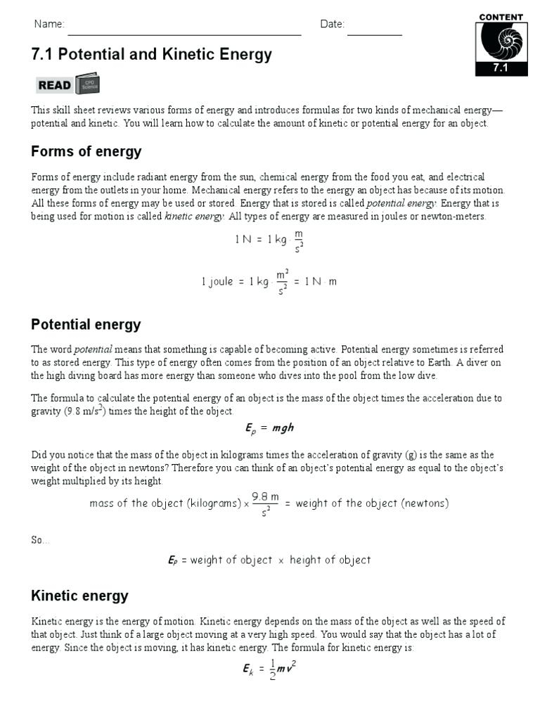 Potential Vs Kinetic Energy Worksheet Worksheets - Classy World - Free Printable Worksheets On Potential And Kinetic Energy