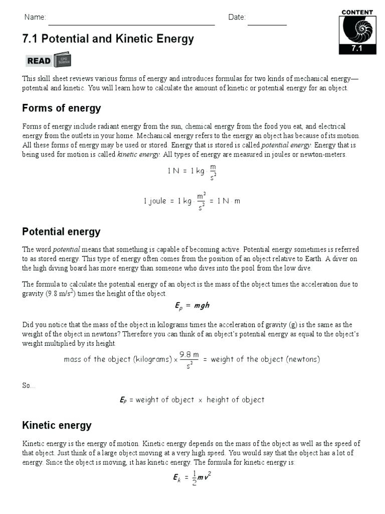 Potential Versus Kinetic Energy Worksheet