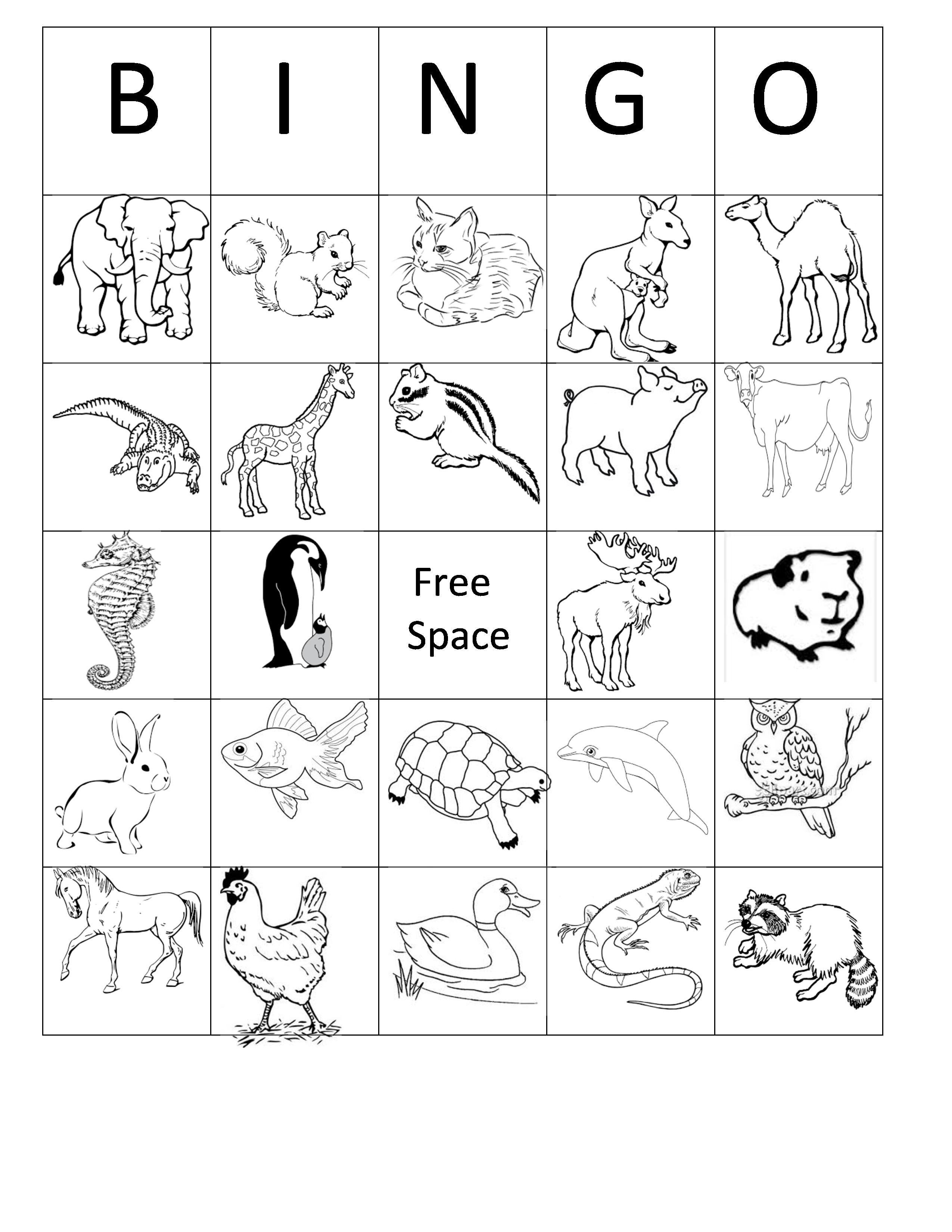 Printable Animal Bingo Card 5 Black And White Coloring Sheet - Free Printable Animal Cards