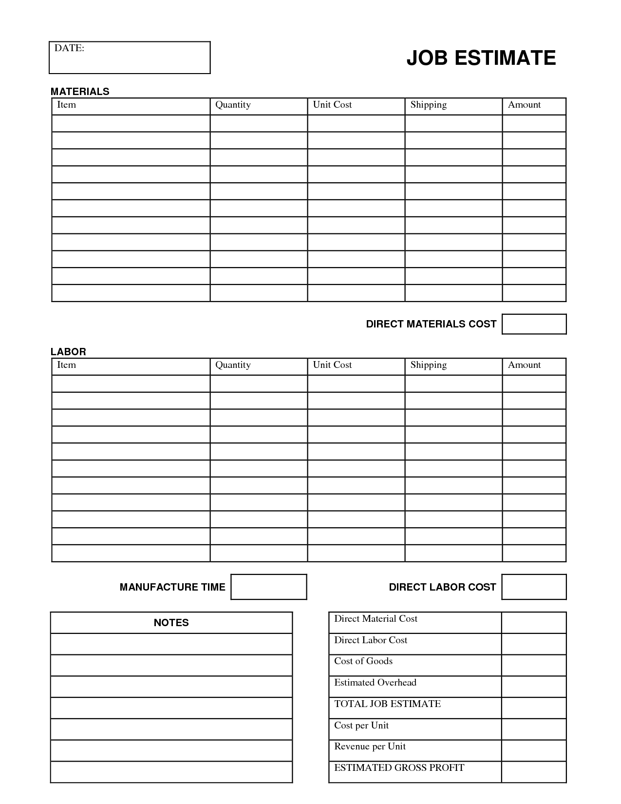 Printable Job Estimate Forms | Job Estimate Free Office Form - Free Printable Job Quote Forms