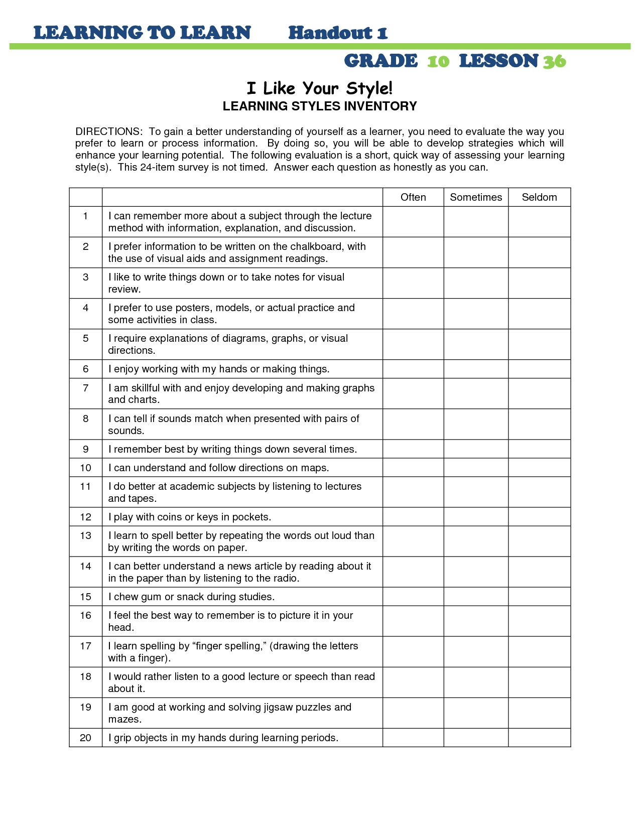 Printable Learning Style Inventory For Elementary Students – Ezzy - Free Learning Style Inventory For Students Printable