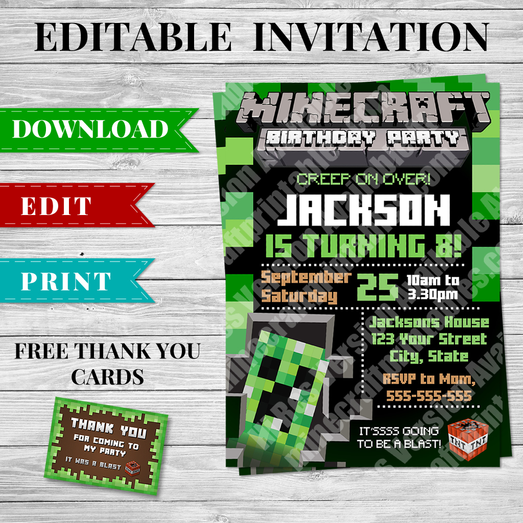 Printable Minecraft Creeper Invitation - Minecraft Birthday Party - Free Printable Minecraft Thank You Notes