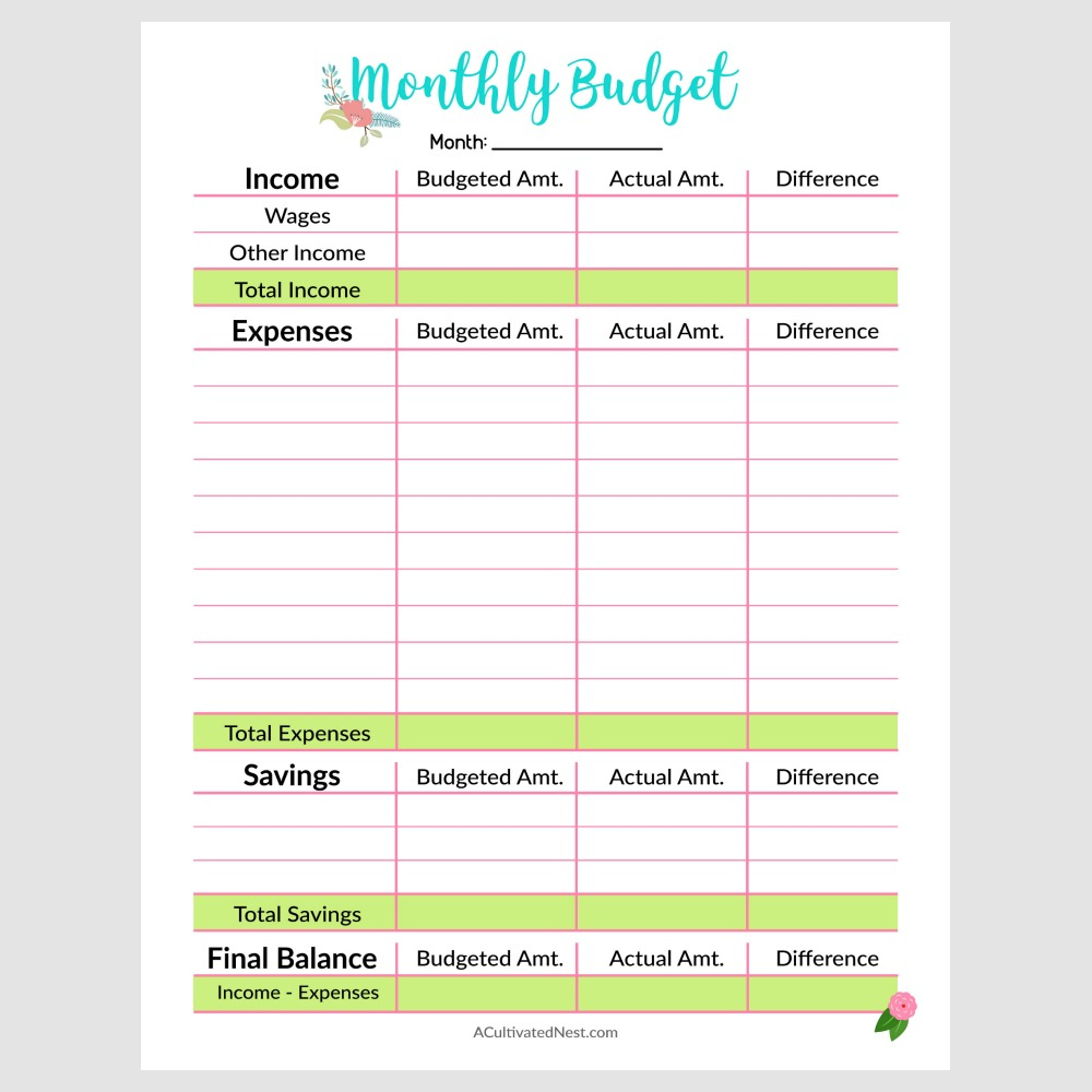 Printable Monthly Budget Template- A Cultivated Nest - Free Printable Monthly Budget