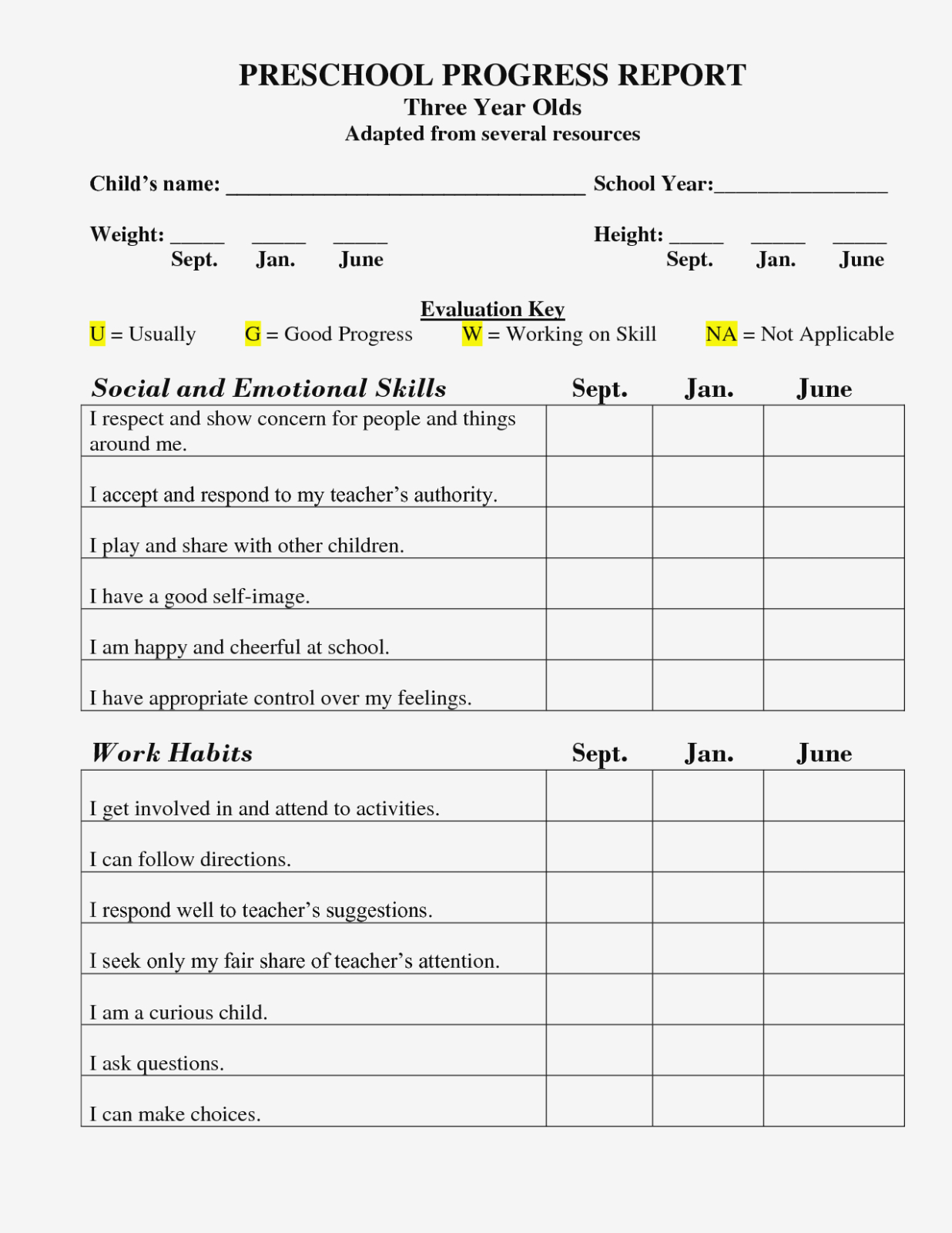 Printable Preschool Progress Report Template | Kg | Pinterest - Free Printable Pre K Assessment Forms
