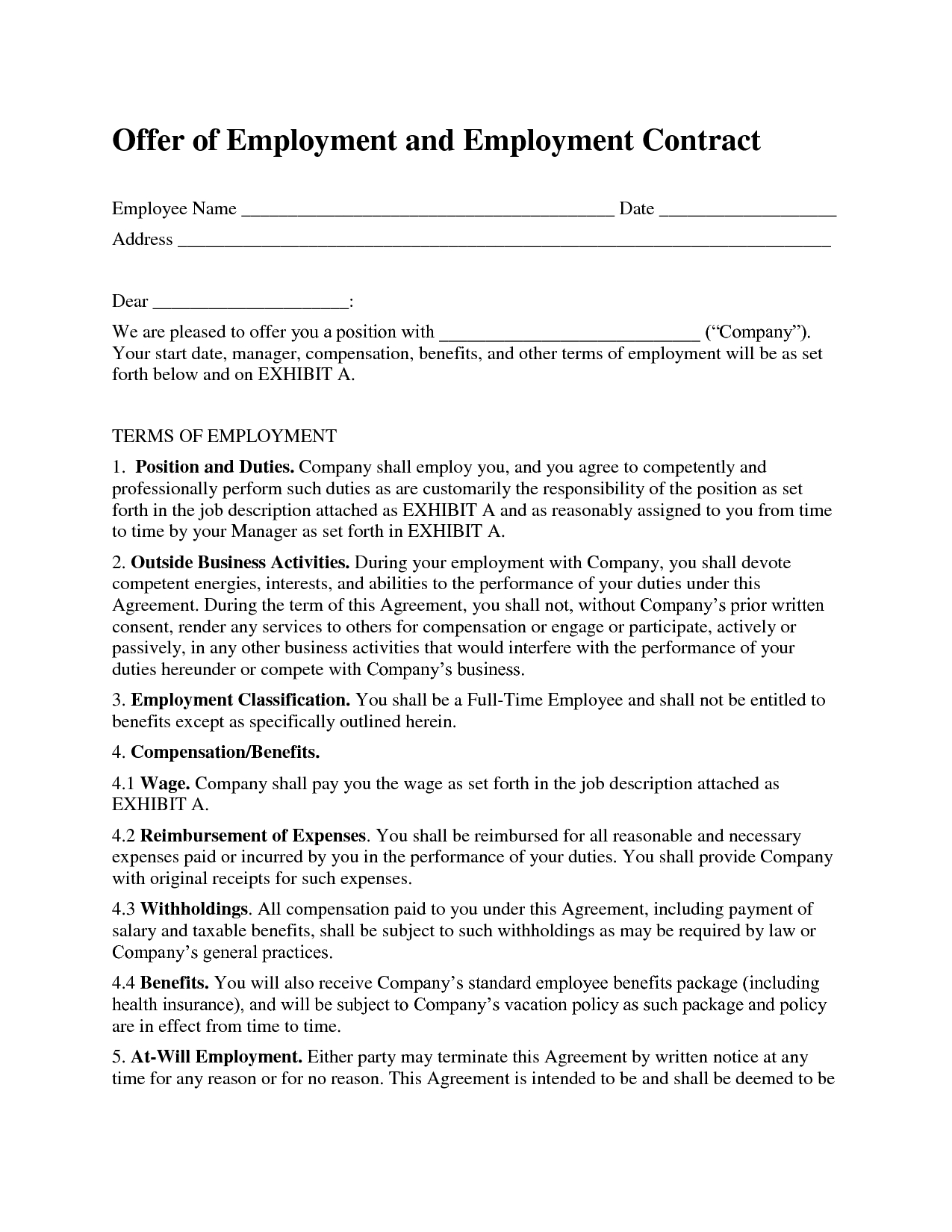 Printable Sample Employment Contract Sample Form | Attorney Legal - Free Printable Employment Contracts