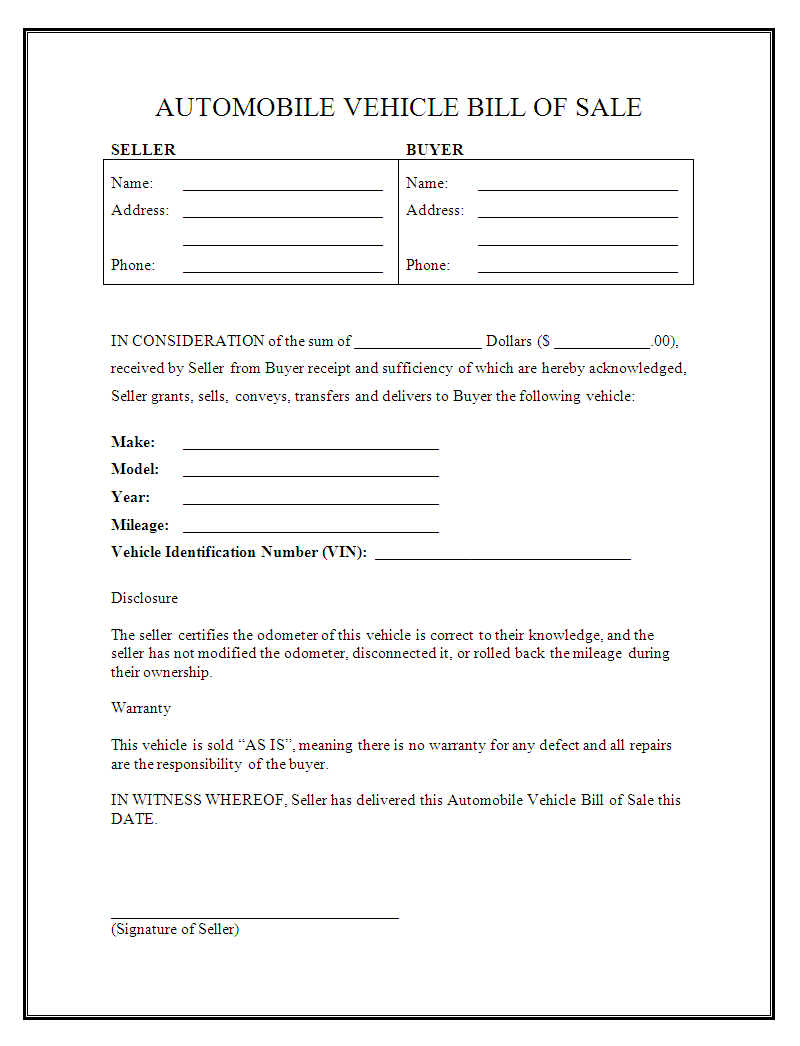 Printable Sample Free Car Bill Of Sale Template Form | Laywers - Free Printable Automobile Bill Of Sale Template