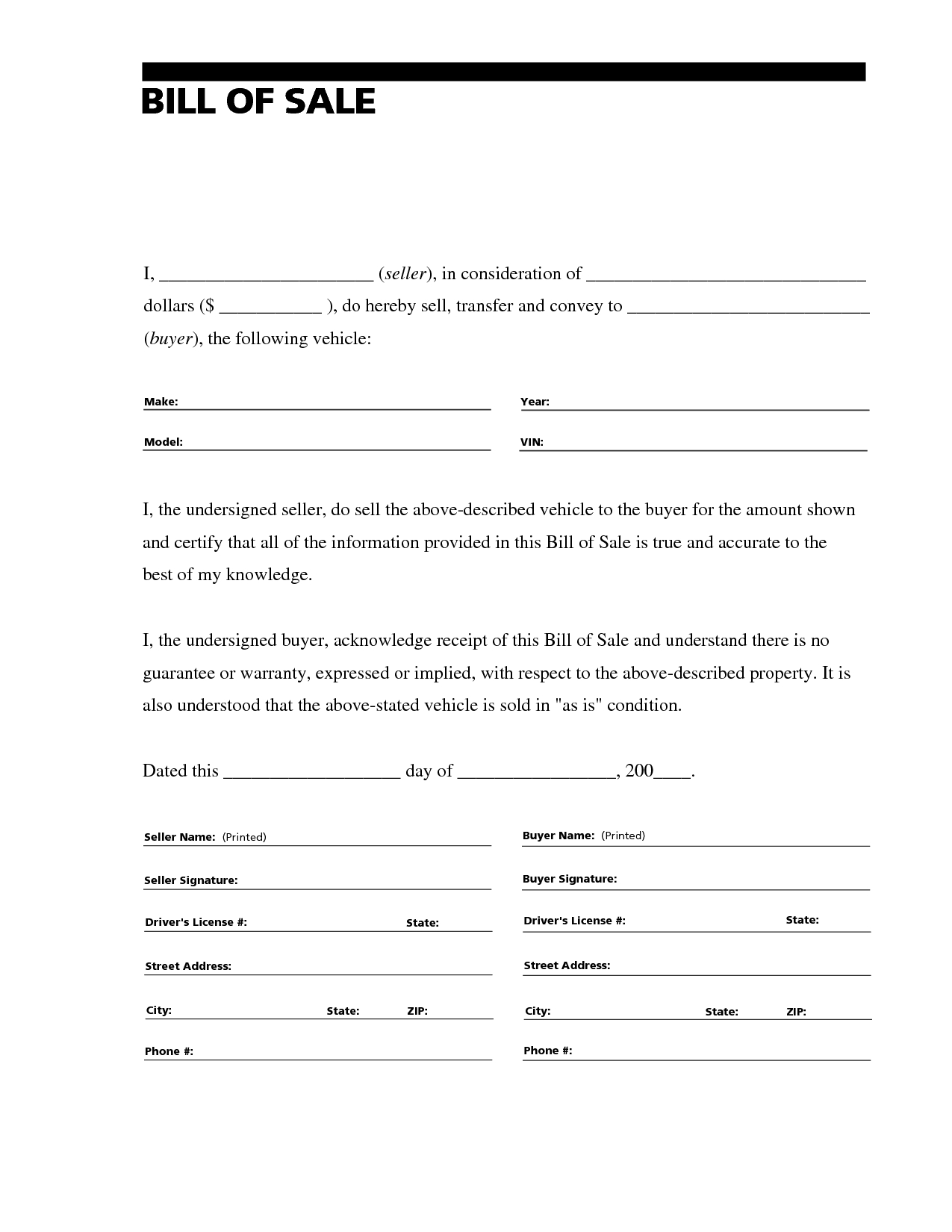 Printable Sample Free Car Bill Of Sale Template Form | Laywers - Free Printable Legal Documents Forms