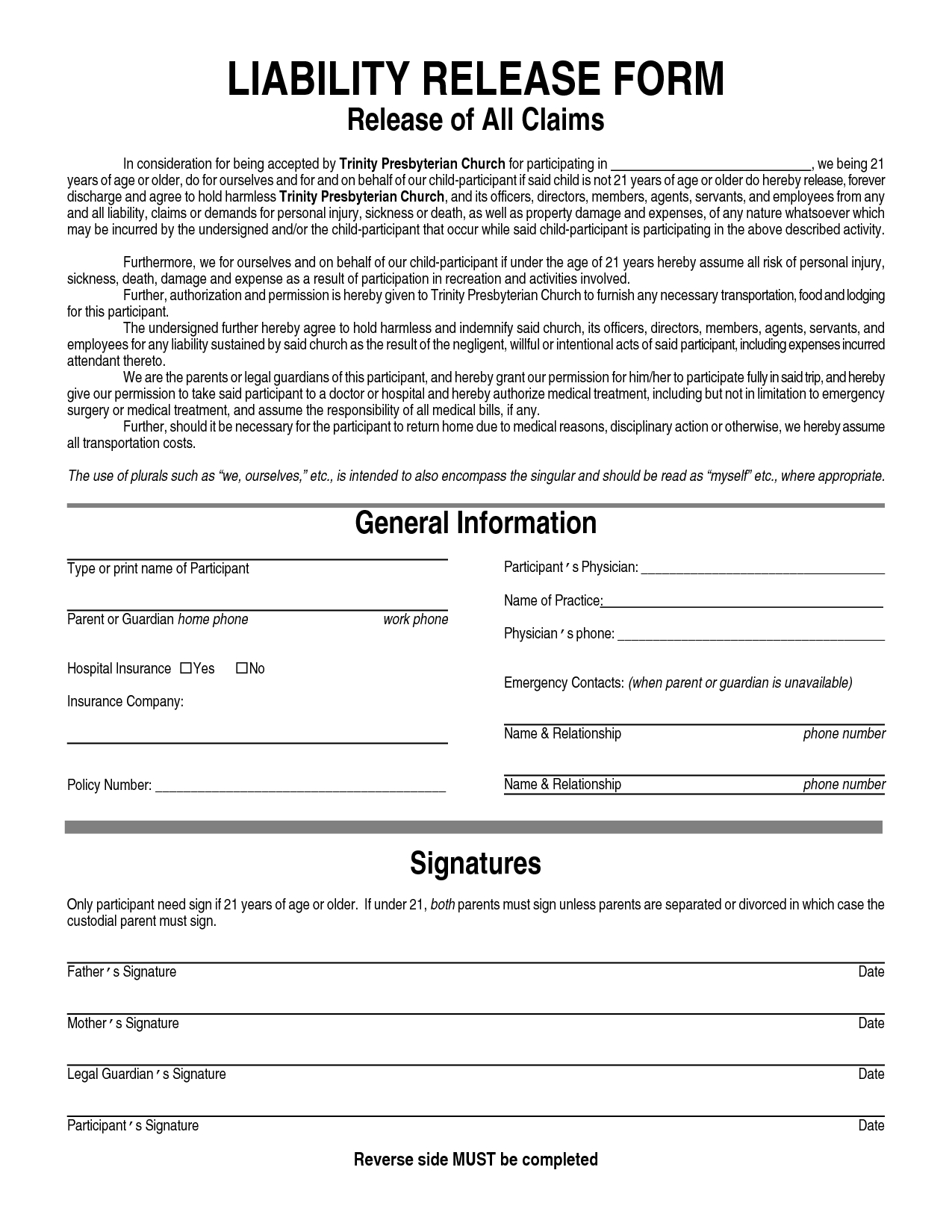 Printable Sample Liability Form Form | Free Legal Documents - Free Printable Legal Documents Forms