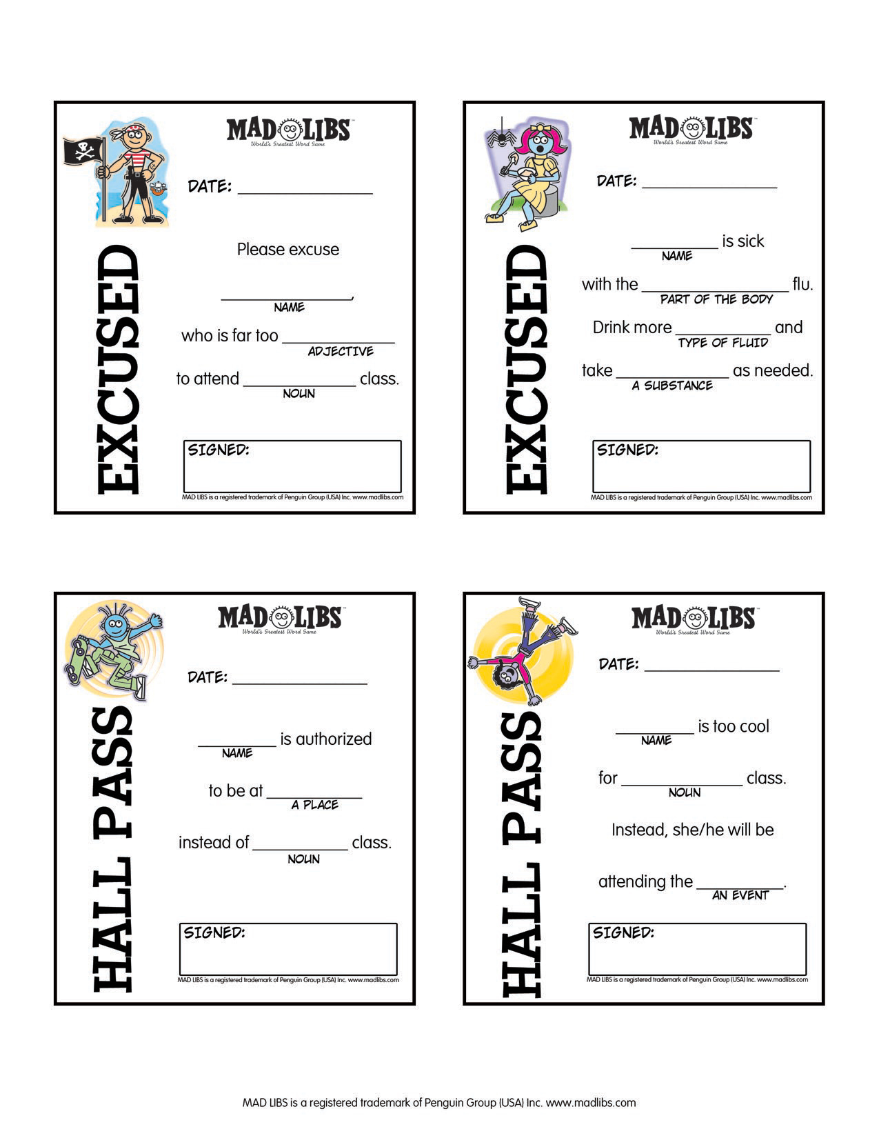 Printables – Mad Libs - Free Printable Hall Pass Template