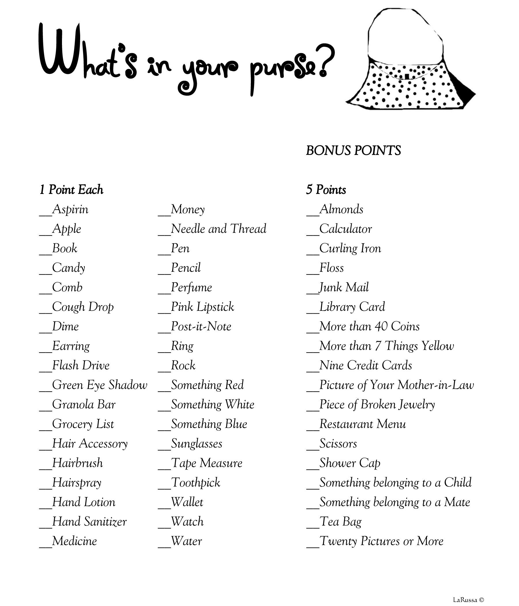 Purse Scavenger Hunt Baby Shower |  Download For Your Next Baby - Free Printable Baby Shower Games What&amp;amp;#039;s In Your Purse
