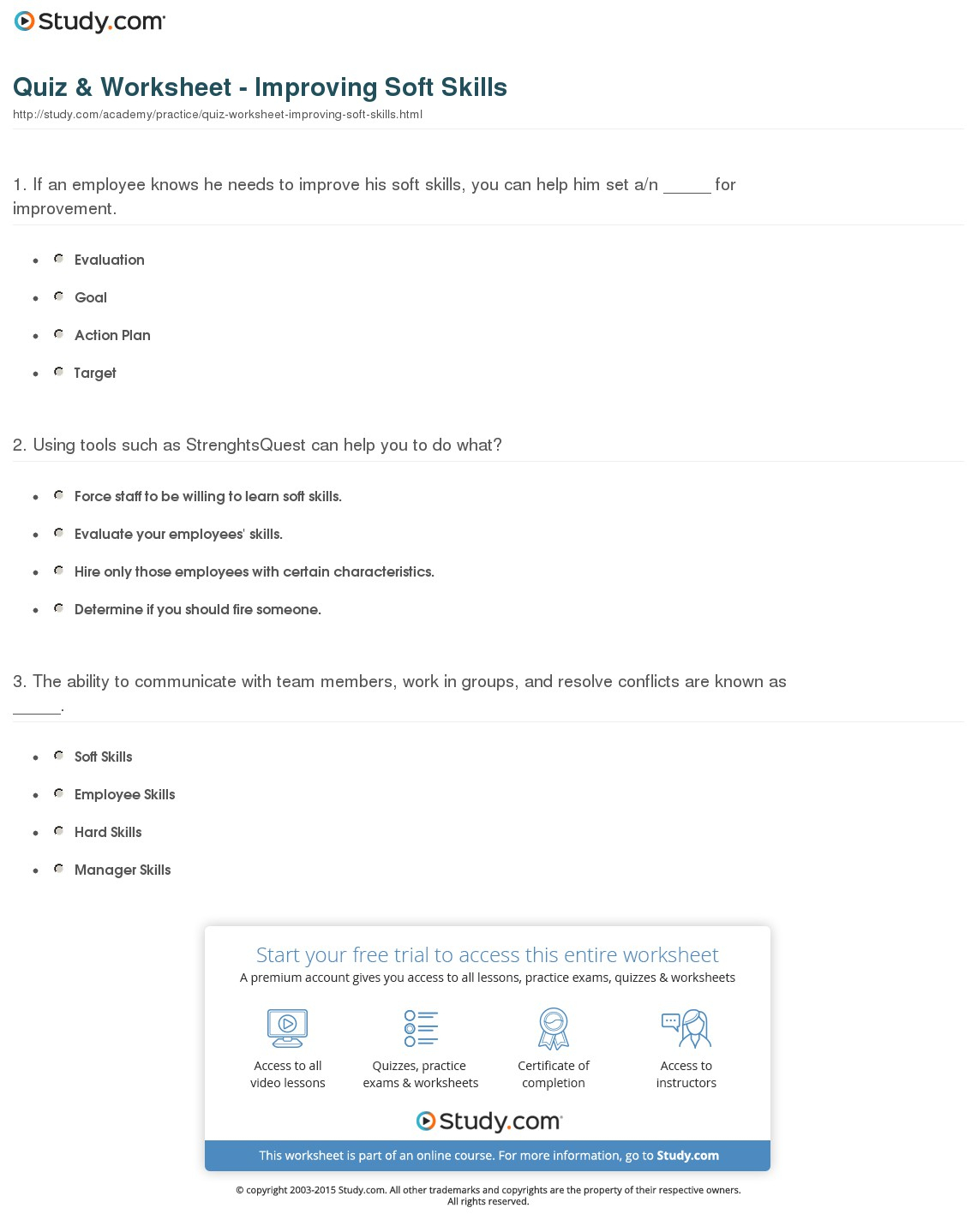 Quiz &amp;amp; Worksheet - Improving Soft Skills | Study - Free Library Skills Printable Worksheets