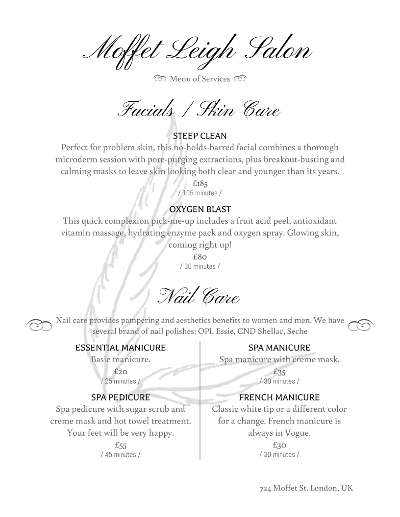 Salon Menu Templates From Imenupro - Free Printable Menu Maker