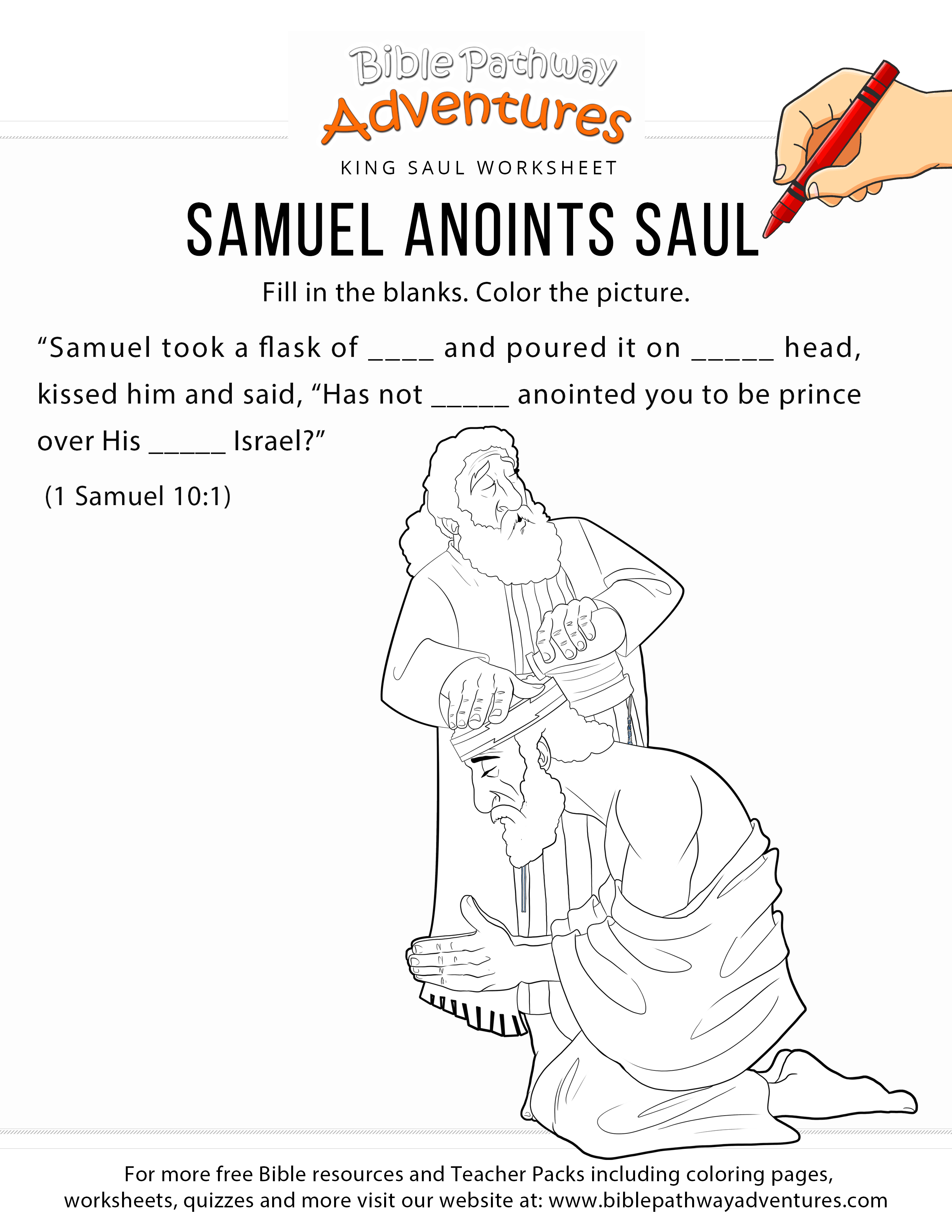 Samuel Anoints Saul Bible Worksheet And Coloring Page. Printable - Free Printable Children&amp;amp;#039;s Bible Lessons Worksheets