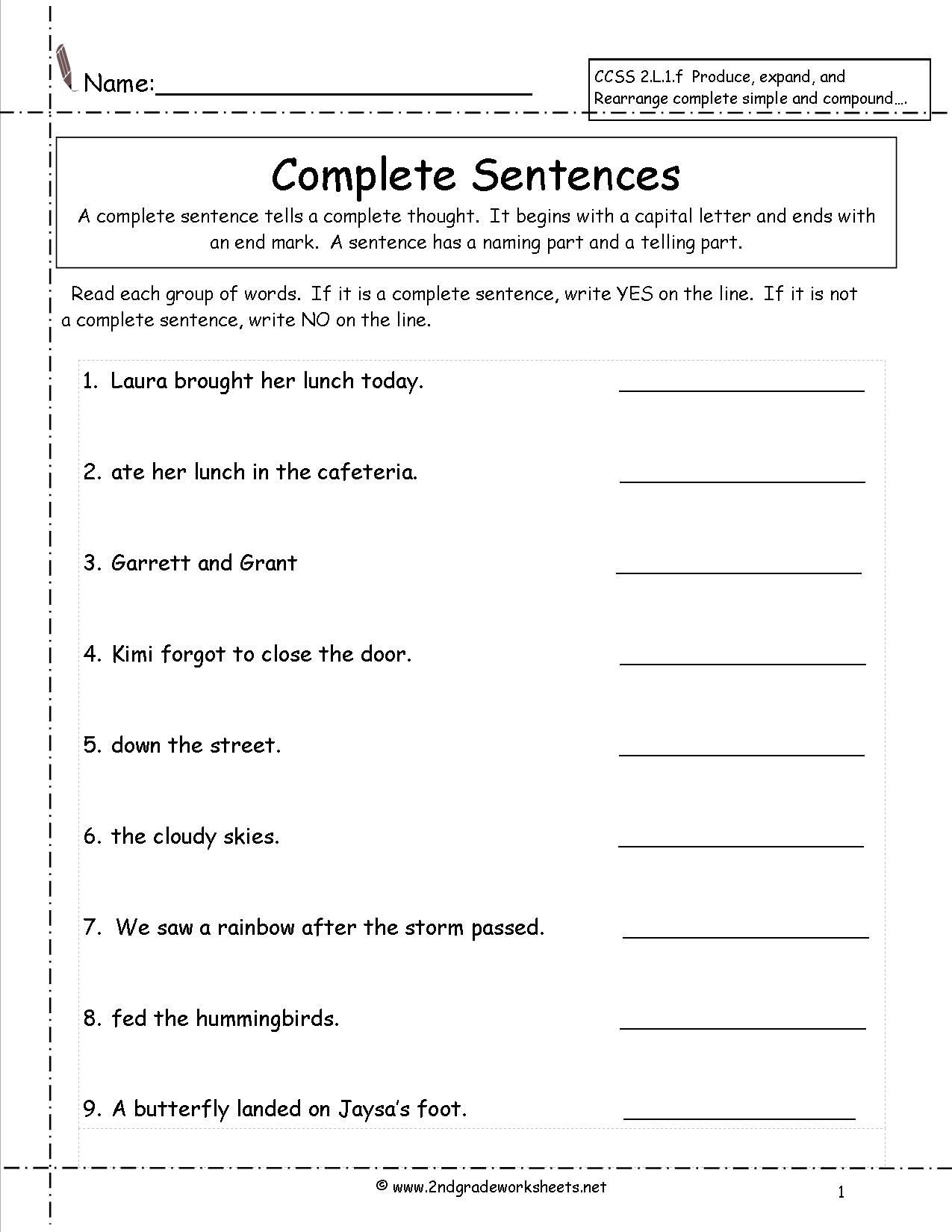 Second Grade Sentences Worksheets, Ccss 2.l.1.f Worksheets. - Free Printable Subject Predicate Worksheets 2Nd Grade