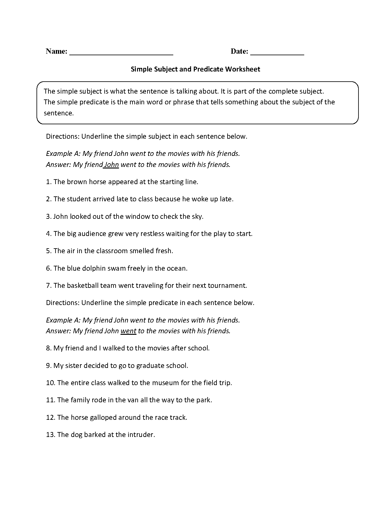 Simple Subject And Predicate Worksheet | 9Th Grade Practice - 9Th Grade English Worksheets Free Printable