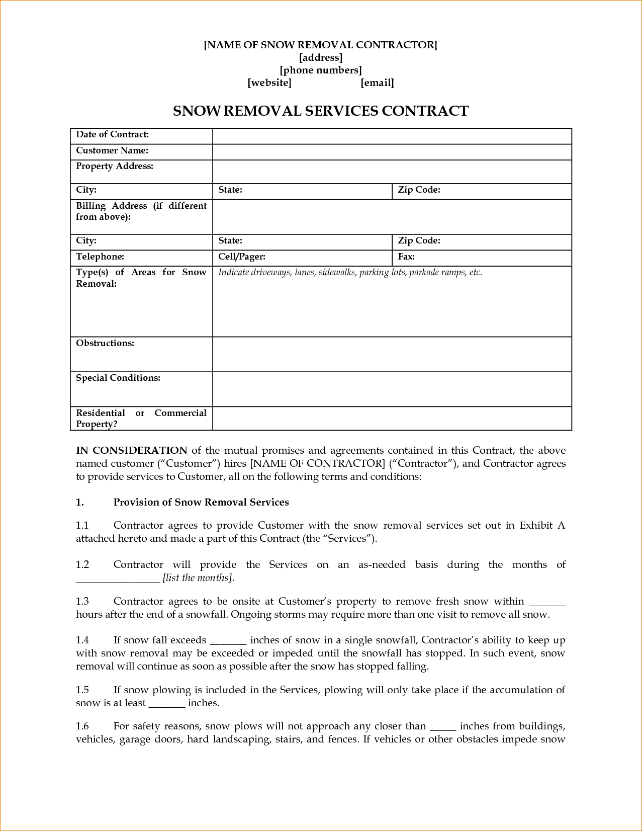 Snow Removal Contract Templates – Emmamcintyrephotography - Free Printable Snow Removal Contract