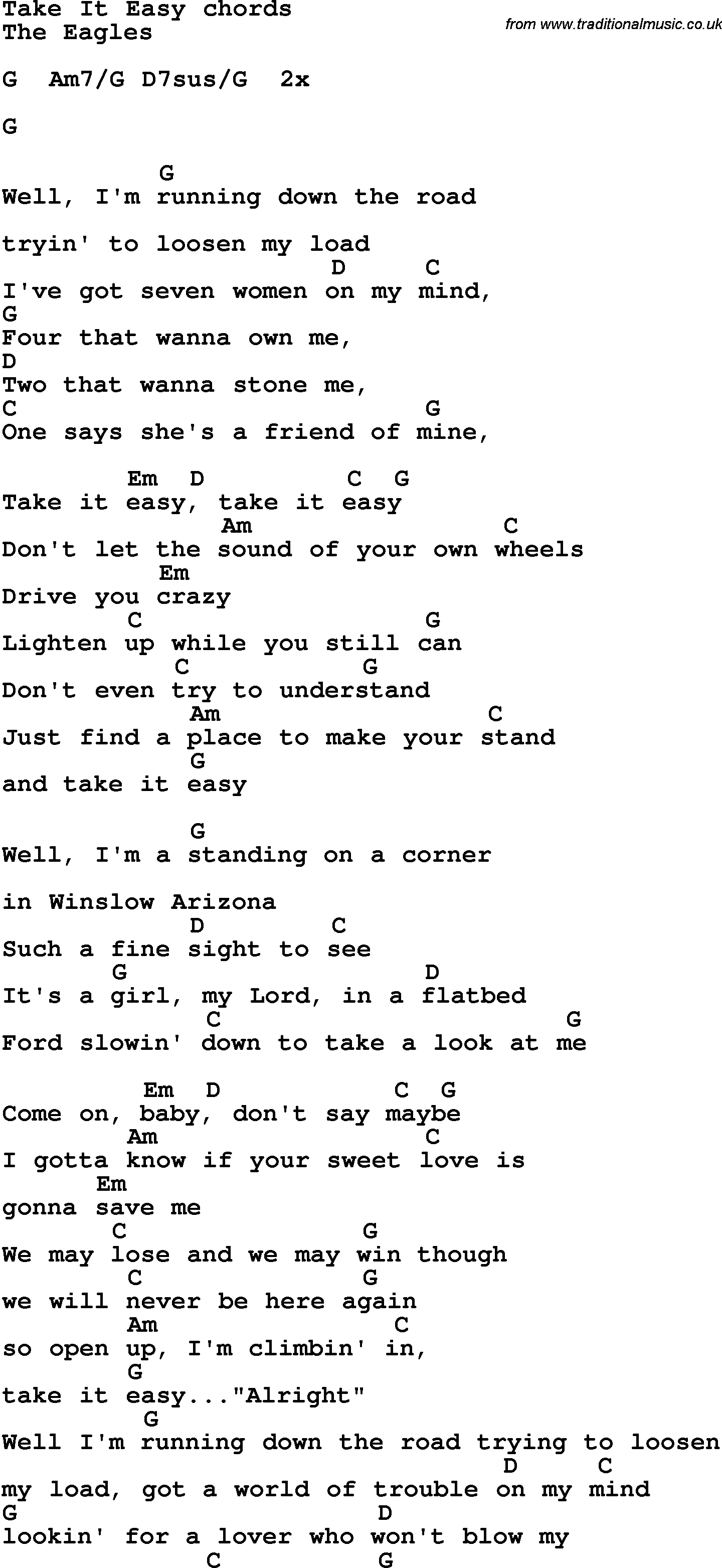 Song Lyrics With Guitar Chords For Take It Easy - The Eagles - Free Printable Song Lyrics With Guitar Chords