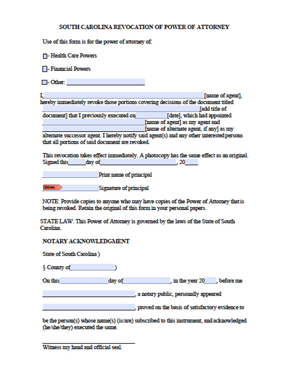 South Carolina Revocation Power Of Attorney Form - Power Of Attorney - Free Printable Revocation Of Power Of Attorney Form