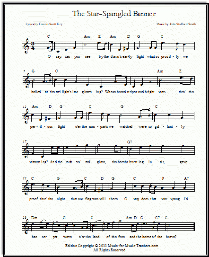 Star-Spangled Banner Free Sheet Music &amp;amp; Lyrics For All Instruments - Free Printable Sheet Music Lyrics