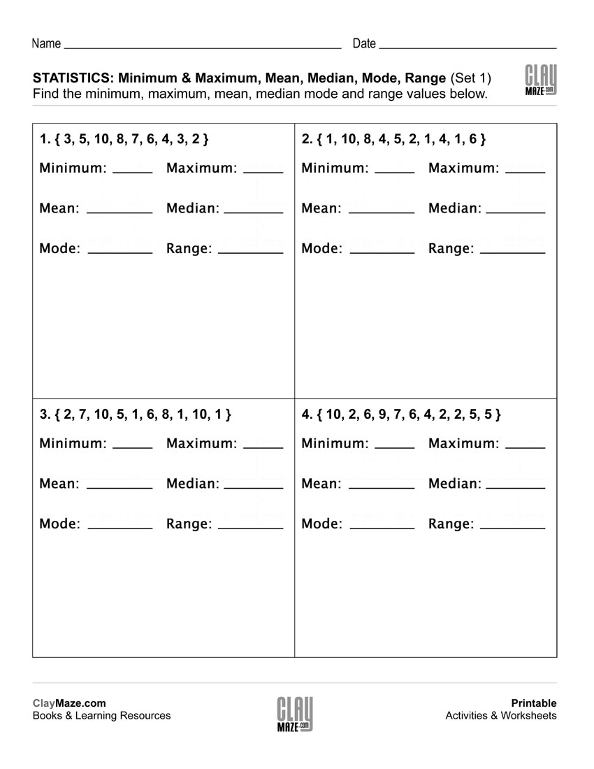 Statistics: Minimum, Maximum, Mean, Median, Mode, Range | Free - Free Printable Statistics Worksheets