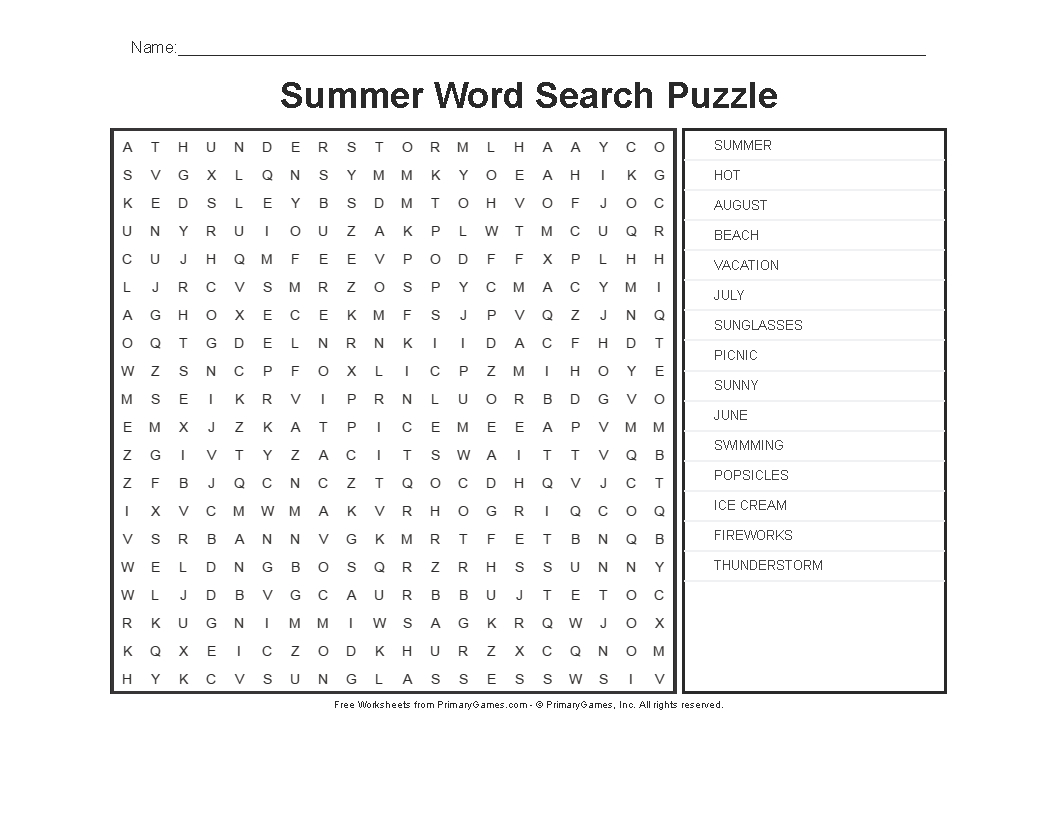 Summer Worksheets: Summer Word Search Puzzle - Primarygames - Play - Summer Crossword Puzzle Free Printable