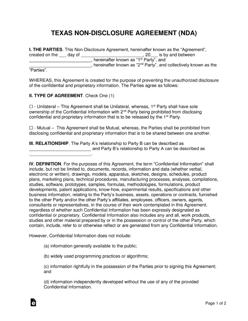 Texas Non-Disclosure Agreement (Nda) Template | Eforms – Free - Free Printable Non Disclosure Agreement Form